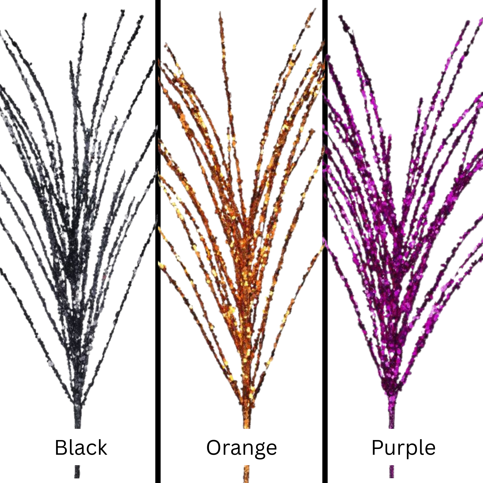 28” Sequin Glitter Spray, Black Orange or Purple Halloween Floral Pick, Sparkly Wreath, Tree and Party Decor Supply