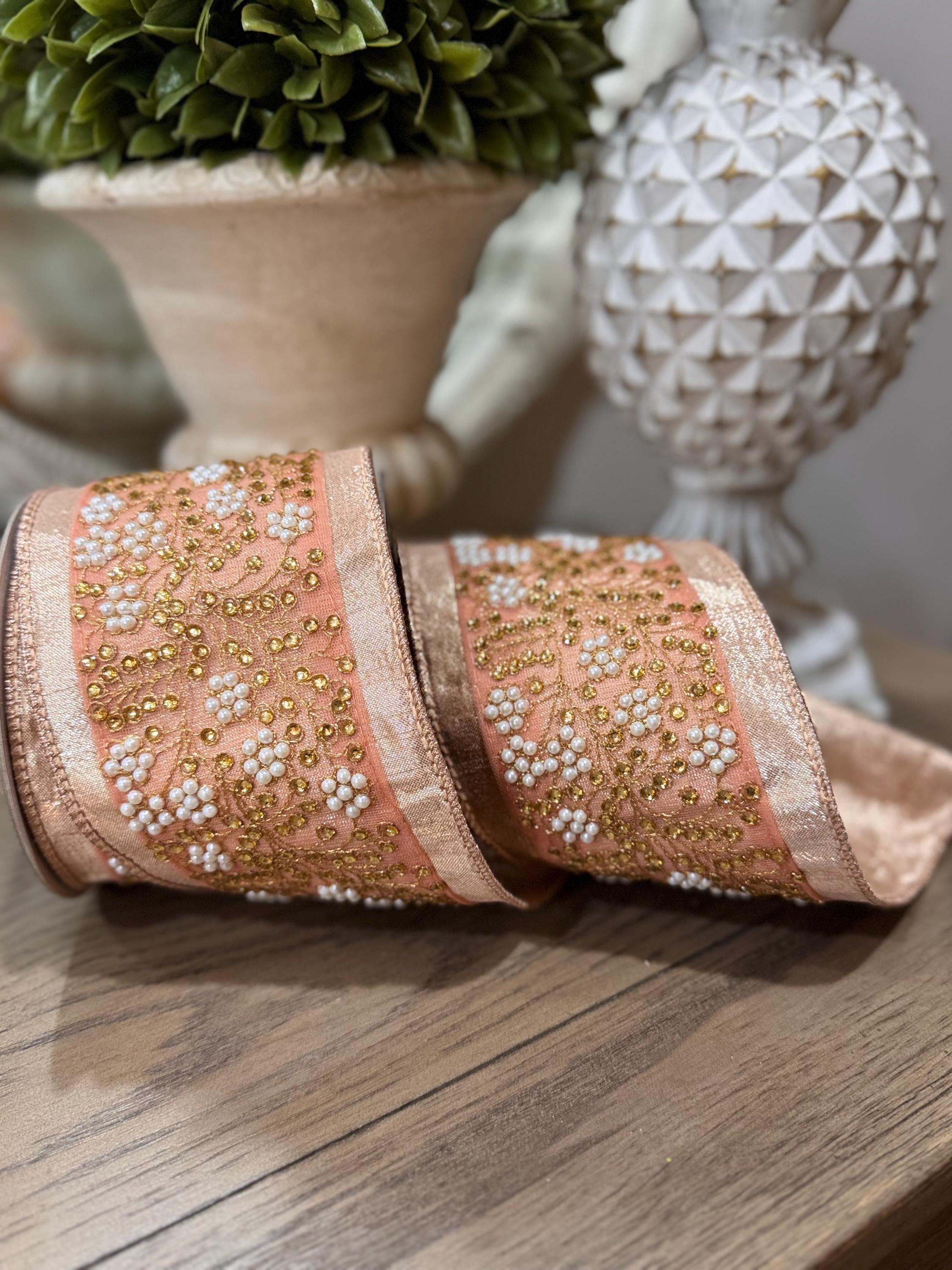 Farrisilk Edwardian Vine Rose Gold Ribbon 4” x 5 yard,  Designer Christmas Ribbon, Holiday  Ribbon, Luxury Holiday Ribbon, Wired Ribbon