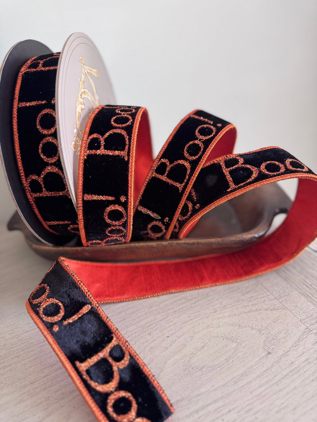D. Stevens 1.5" x 10 Yards Halloween BOO Black Velvet with Orange Glitter Wired Ribbon