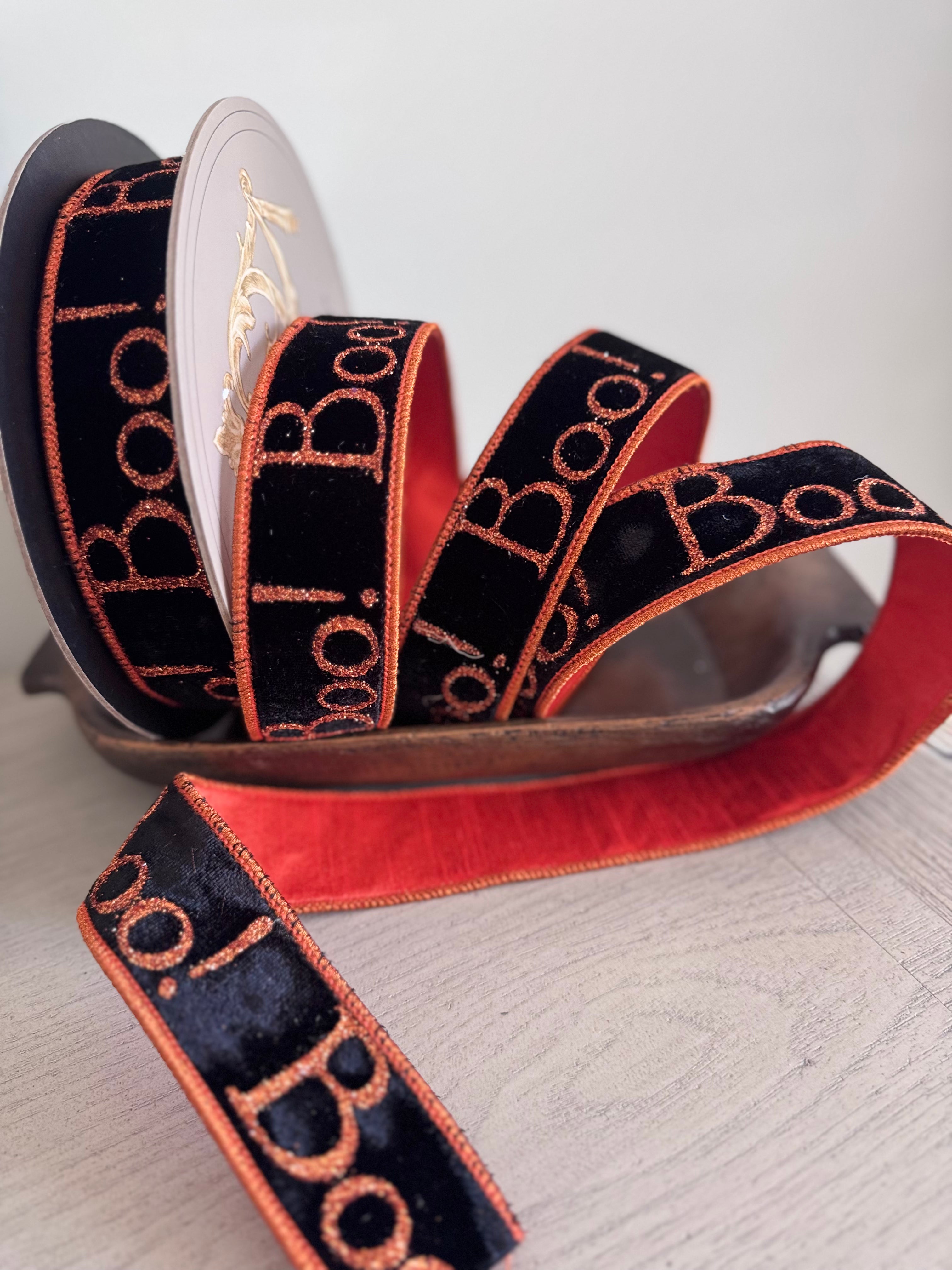 D. Stevens 1.5" x 10 Yards Halloween BOO Black Velvet with Orange Glitter Wired Ribbon