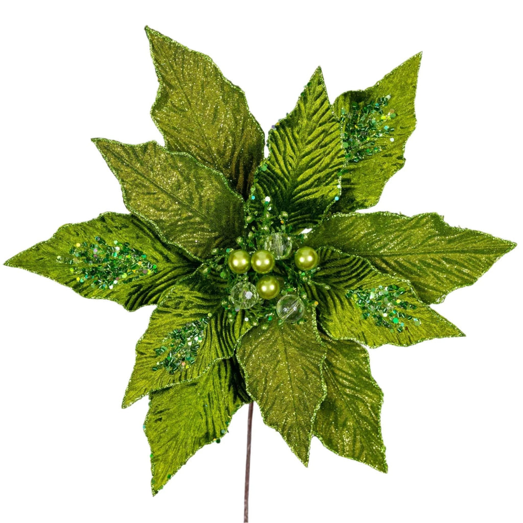 Farrisilk 15” Diameter Green Poinsettia Stem, Holiday Wreaths, Designer Christmas Tree Decorations, Elegant Christmas Décor, Green Christmas
