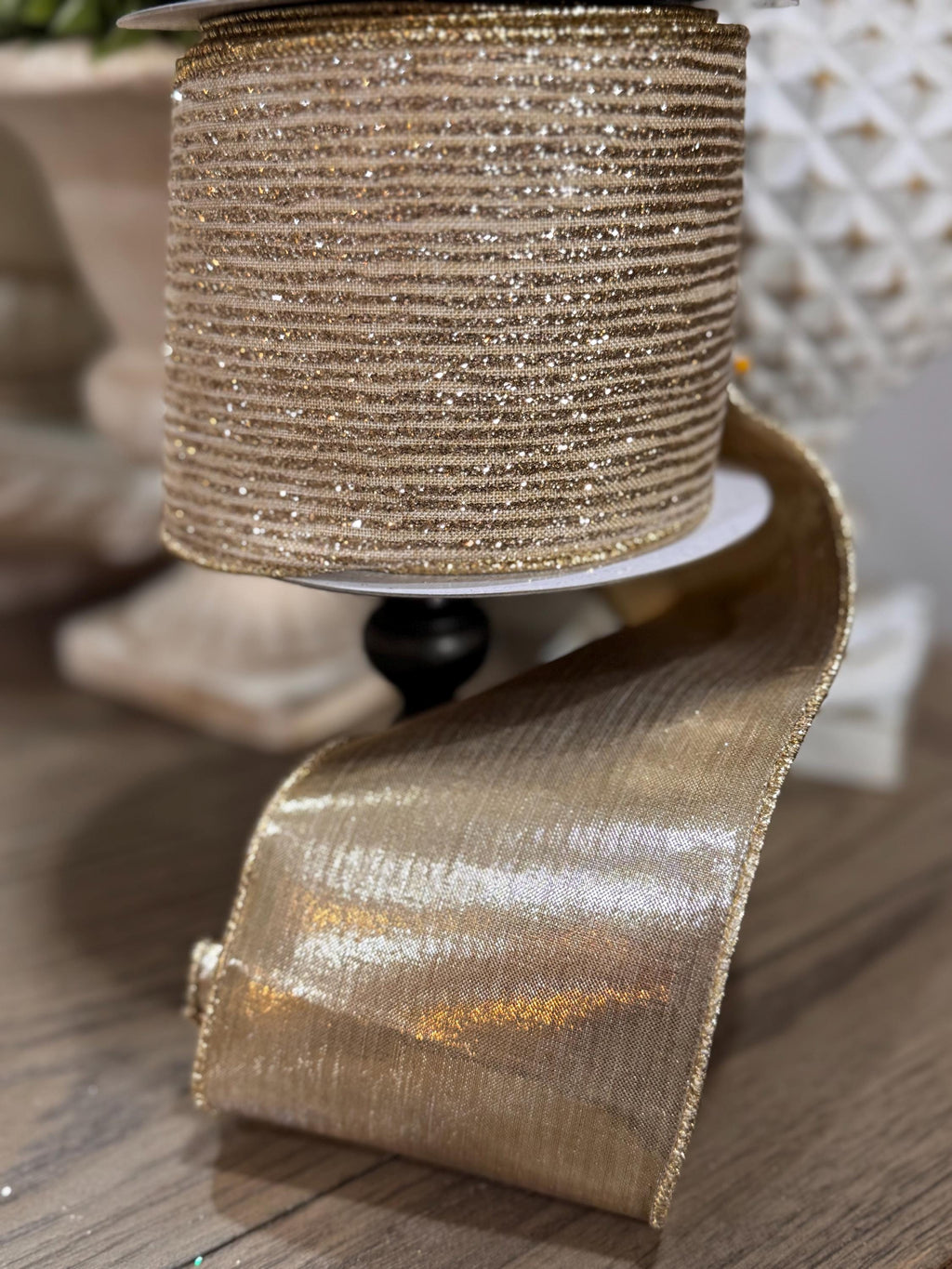 Farrisilk Platinum Gold 4” x 10 yard Ribbon Platinum Ribbon, Glittering Christmas Ribbon, Holiday Decorating Ribbon, Luxury Holiday Ribbon