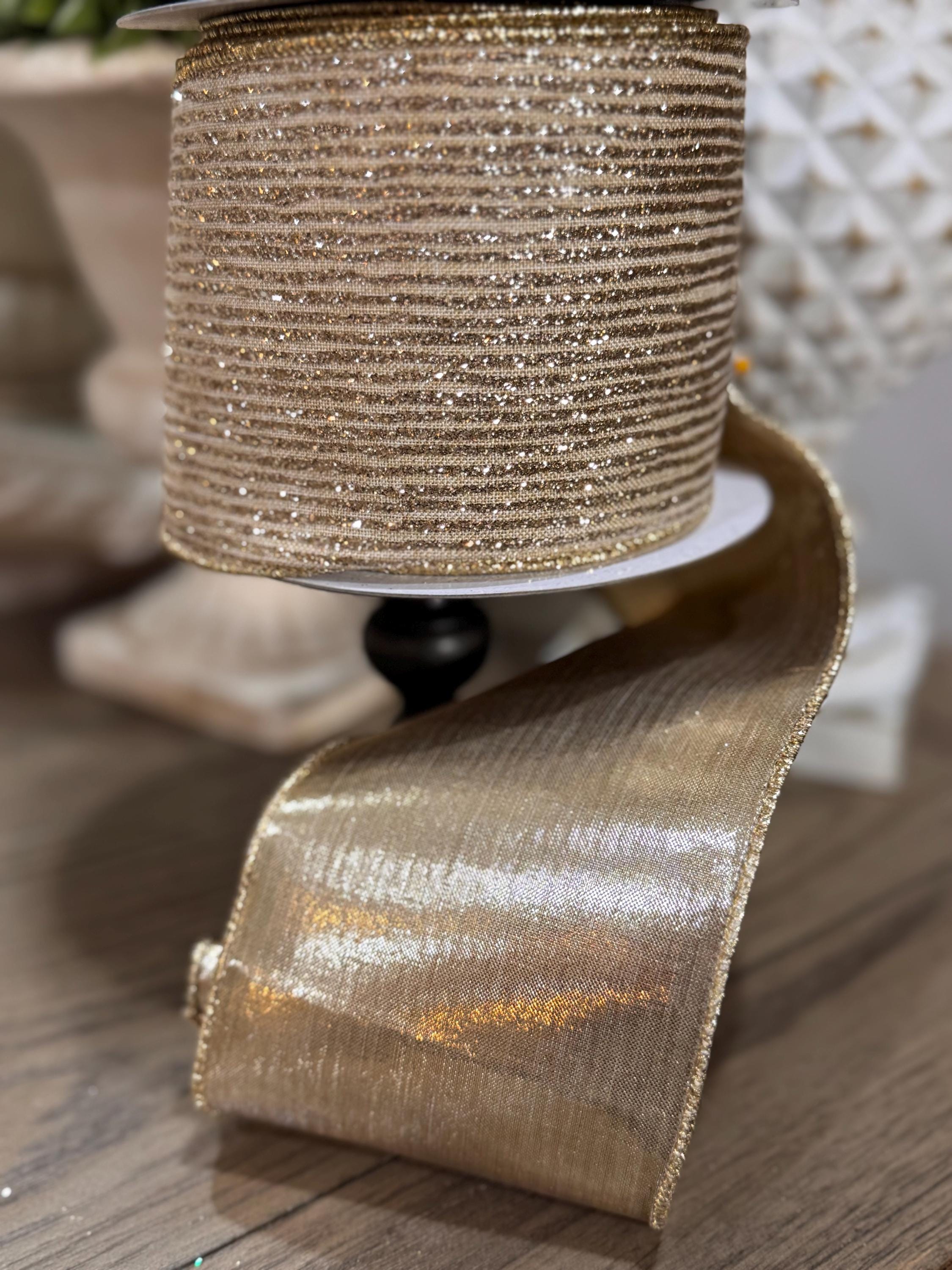 Farrisilk Platinum Gold 4” x 10 yard Ribbon Platinum Ribbon, Glittering Christmas Ribbon, Holiday Decorating Ribbon, Luxury Holiday Ribbon