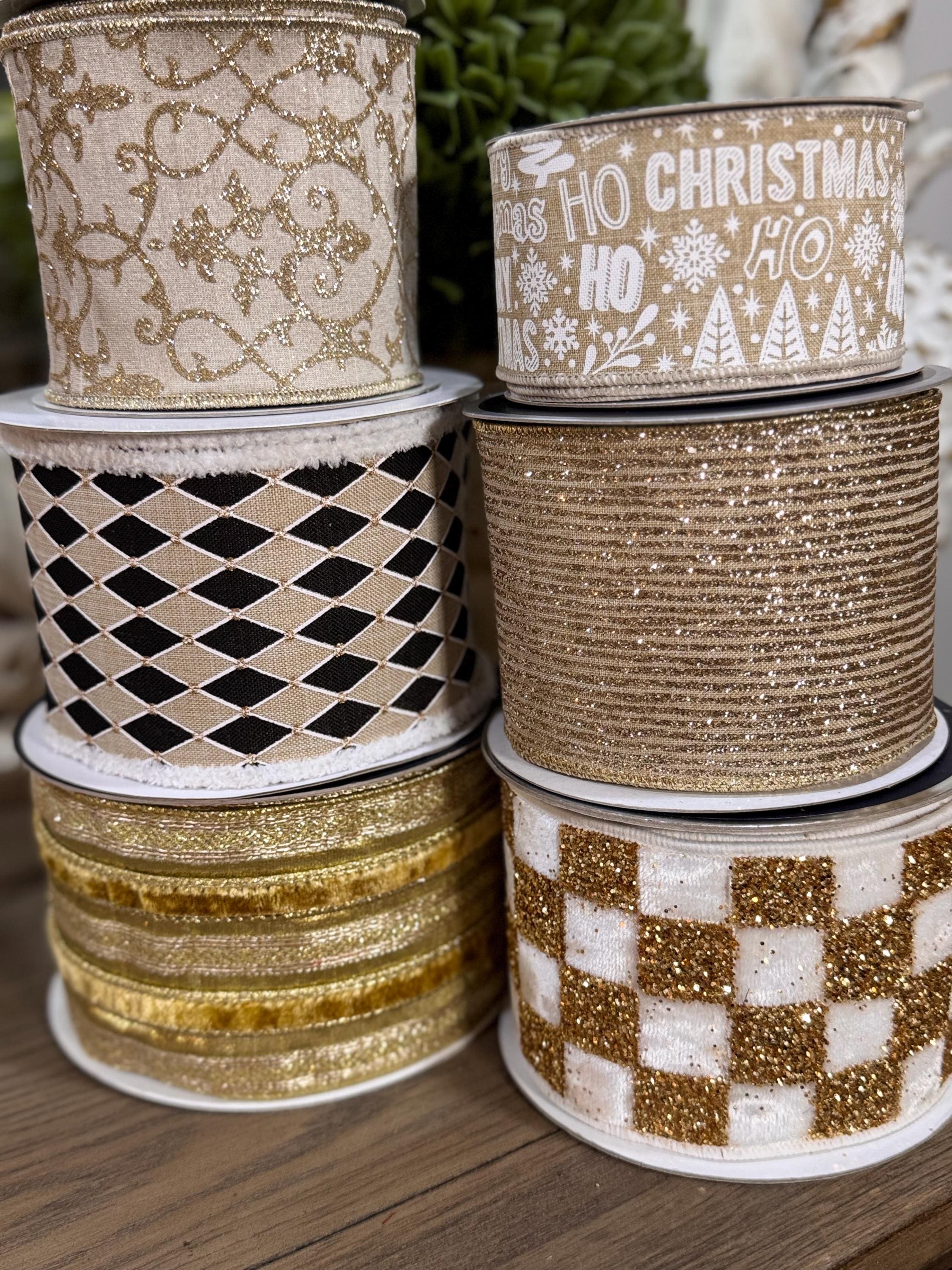 Farrisilk Gold CASSIA ACANTHUS 4” x 10 yard Ribbon Gold Ribbon, Neutral Christmas Ribbon, Holiday Decorating Ribbon, Luxury Holiday Ribbon