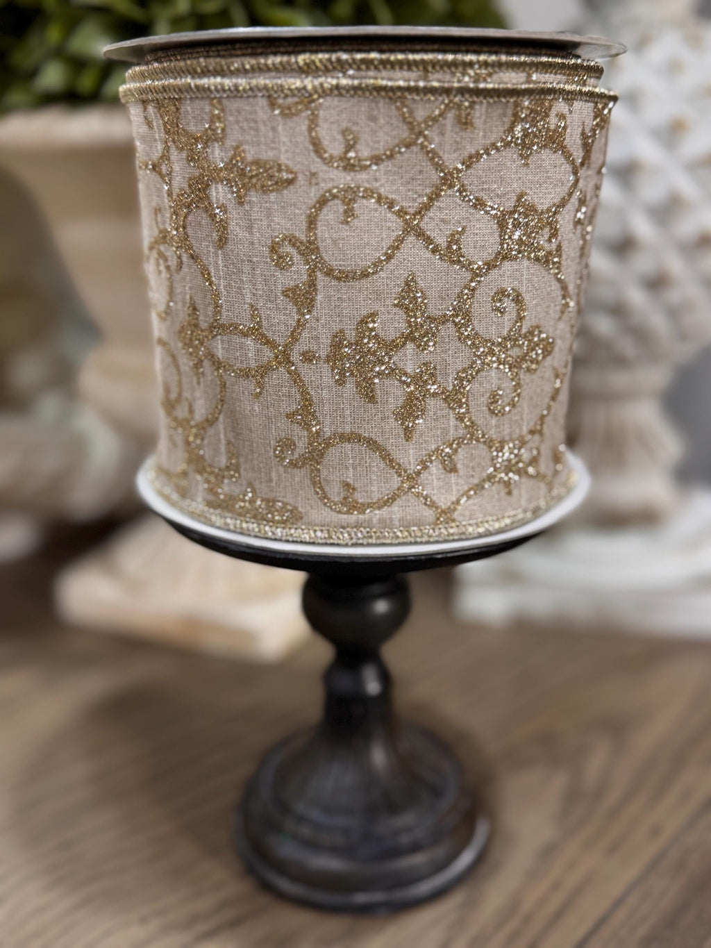 Farrisilk Gold CASSIA ACANTHUS 4” x 10 yard Ribbon Gold Ribbon, Neutral Christmas Ribbon, Holiday Decorating Ribbon, Luxury Holiday Ribbon