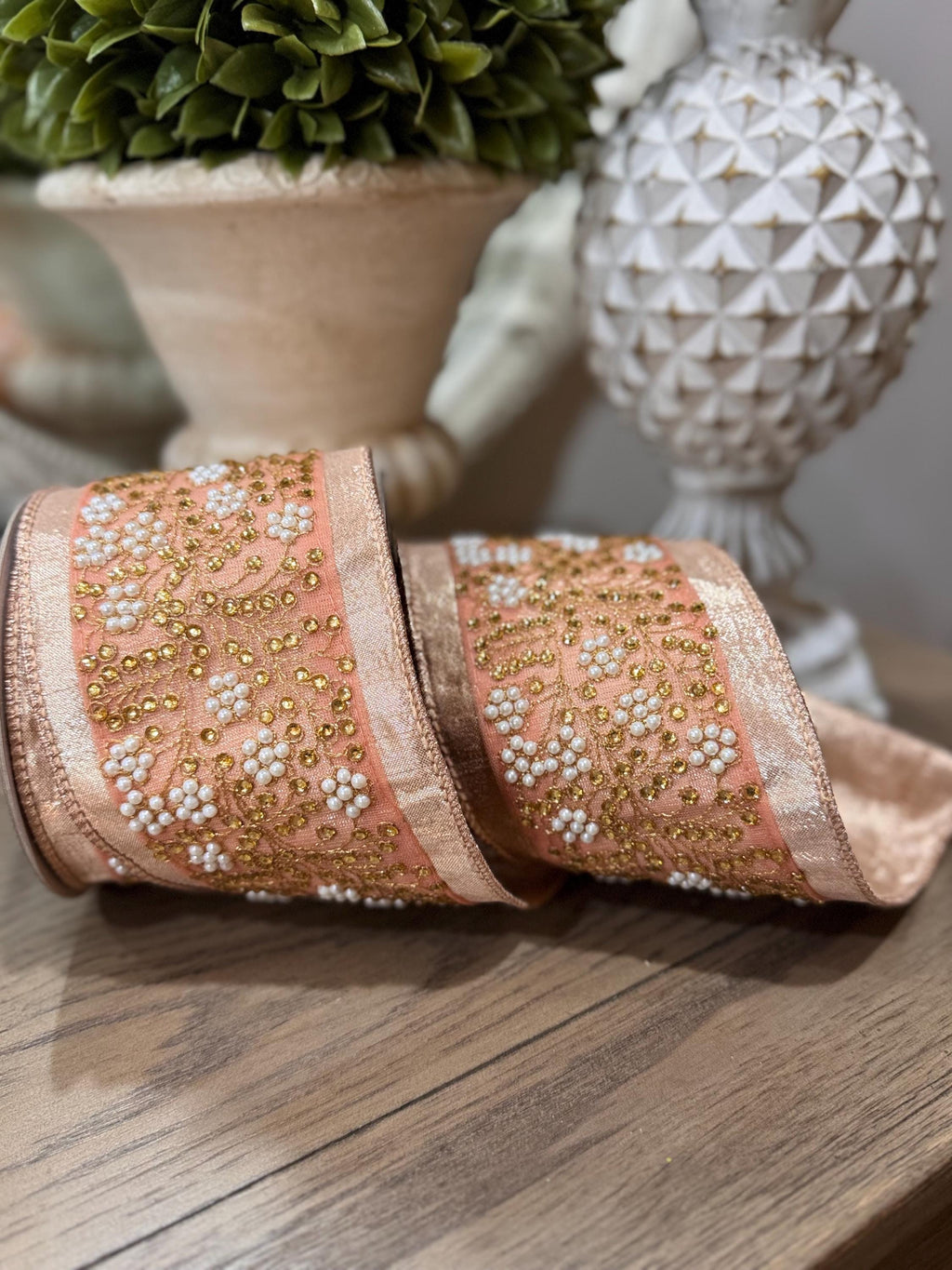 Farrisilk Edwardian Vine Rose Gold Ribbon 4” x 5 yard, Designer Christmas Ribbon, Holiday Ribbon, Luxury Holiday Ribbon, Wired Ribbon