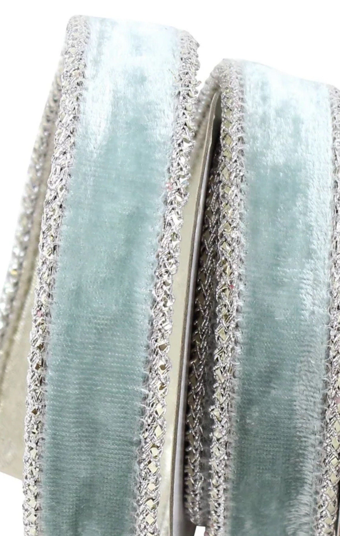 Farrisilk Light Blue Velvet Ribbon, Embroidered Border 1” Ribbon, Luxury Ribbon, Christmas Tree Ribbon, Premium Holiday, Designer Christmas