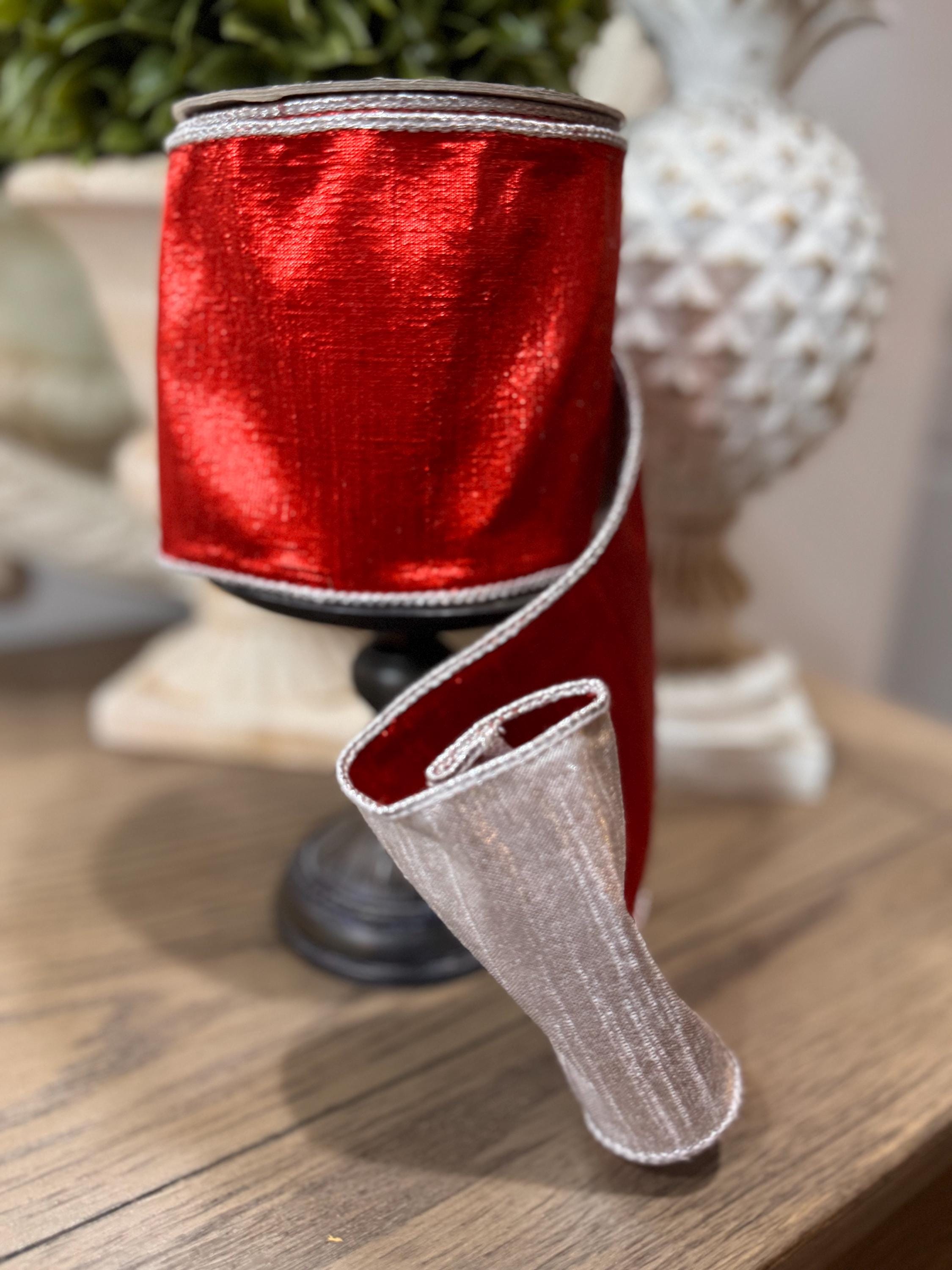 Farrisilk Red and Silver 4” Ribbon, Luxury Ribbon, Christmas Ribbon, Premium Holiday Ribbon, Designer Christmas Ribbon, Christmas Tree Ribb
