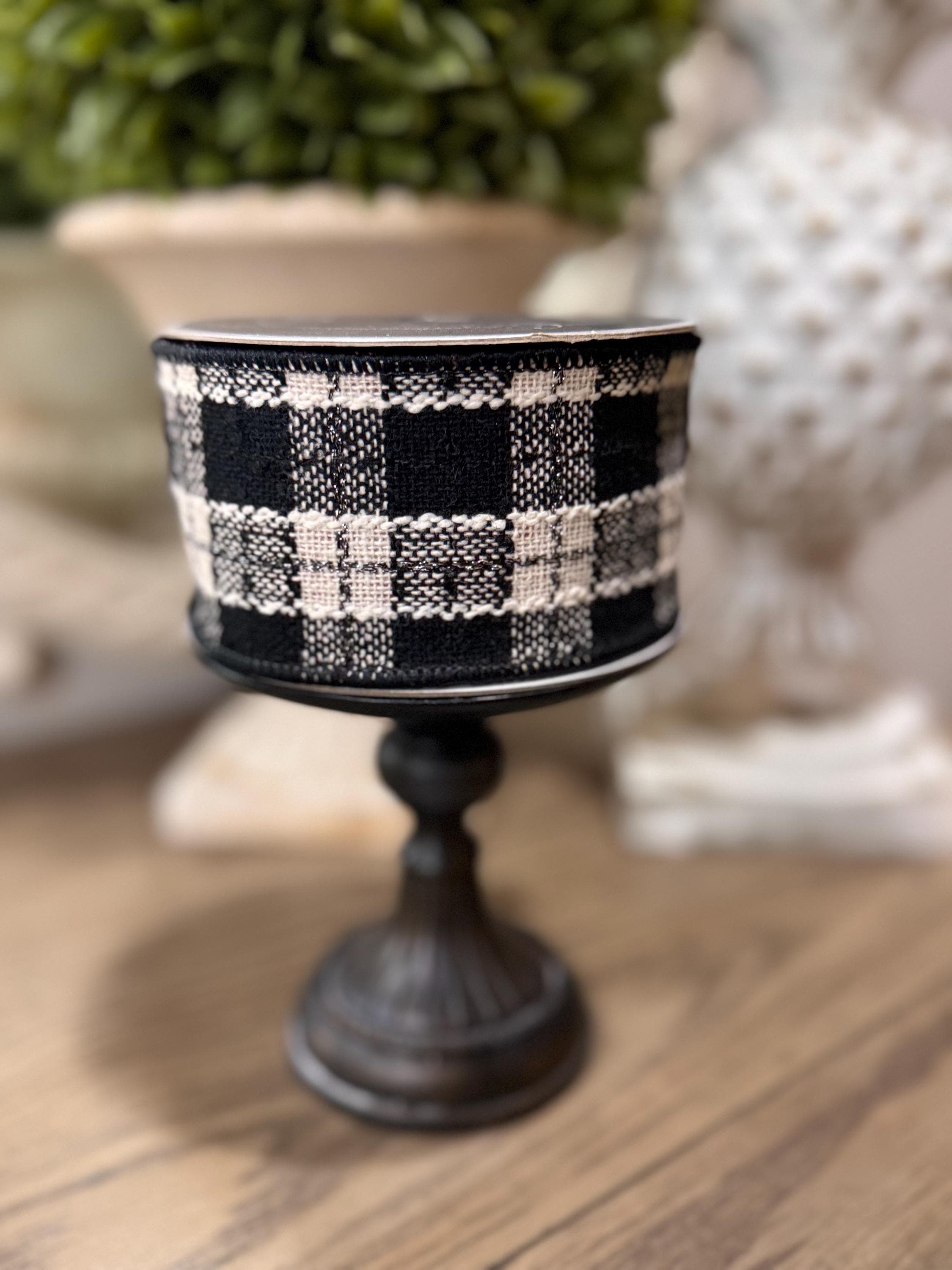 Preppy plaid black and white ribbon with red backing