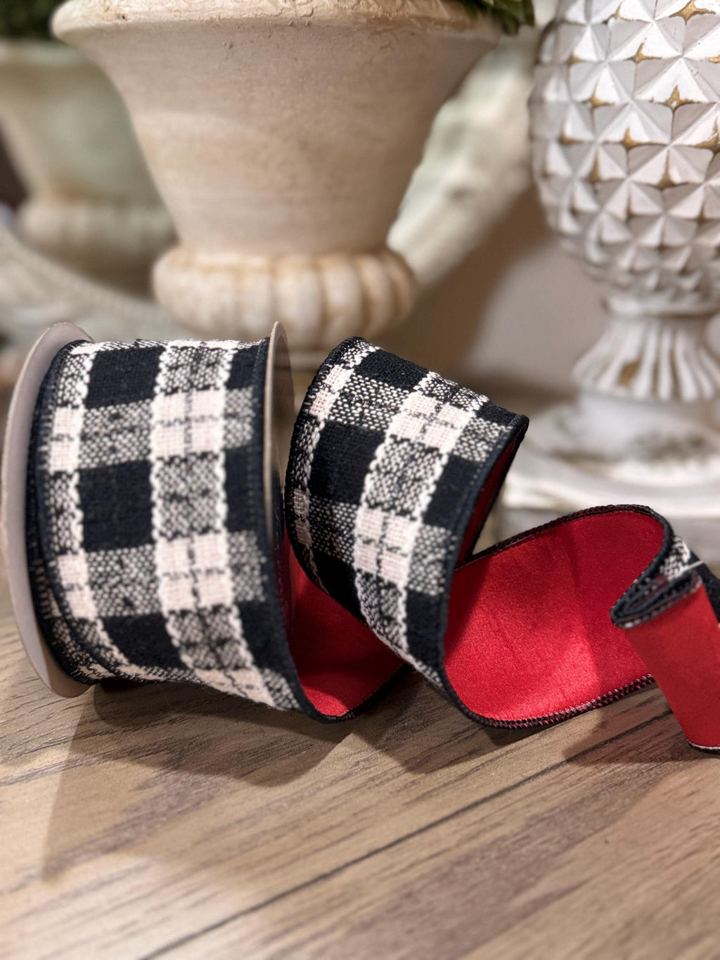 Preppy plaid black and white ribbon with red backing