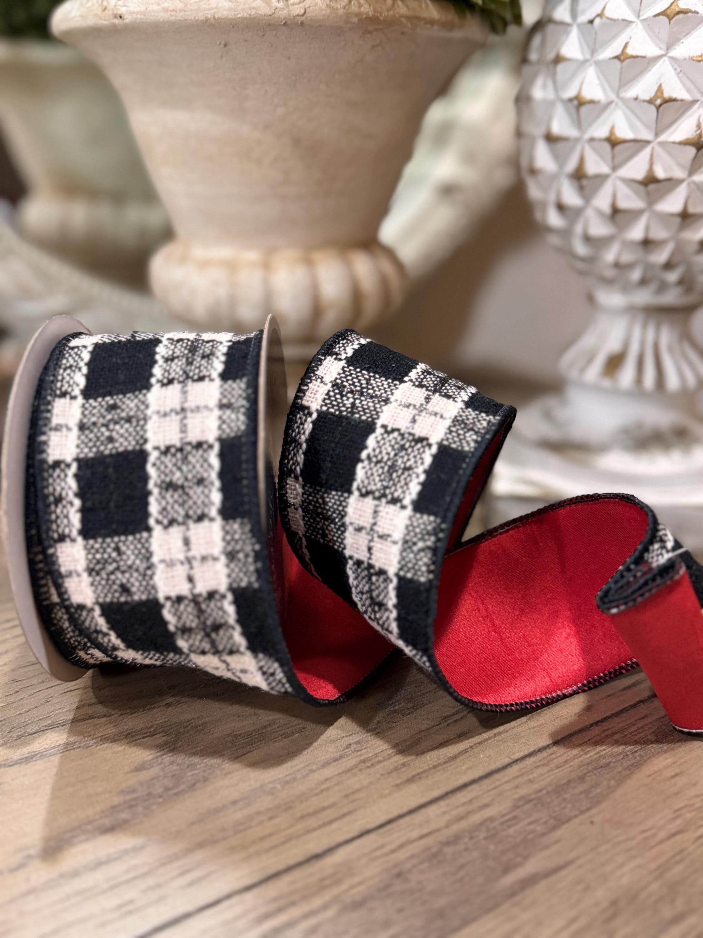 Preppy plaid black and white ribbon with red backing