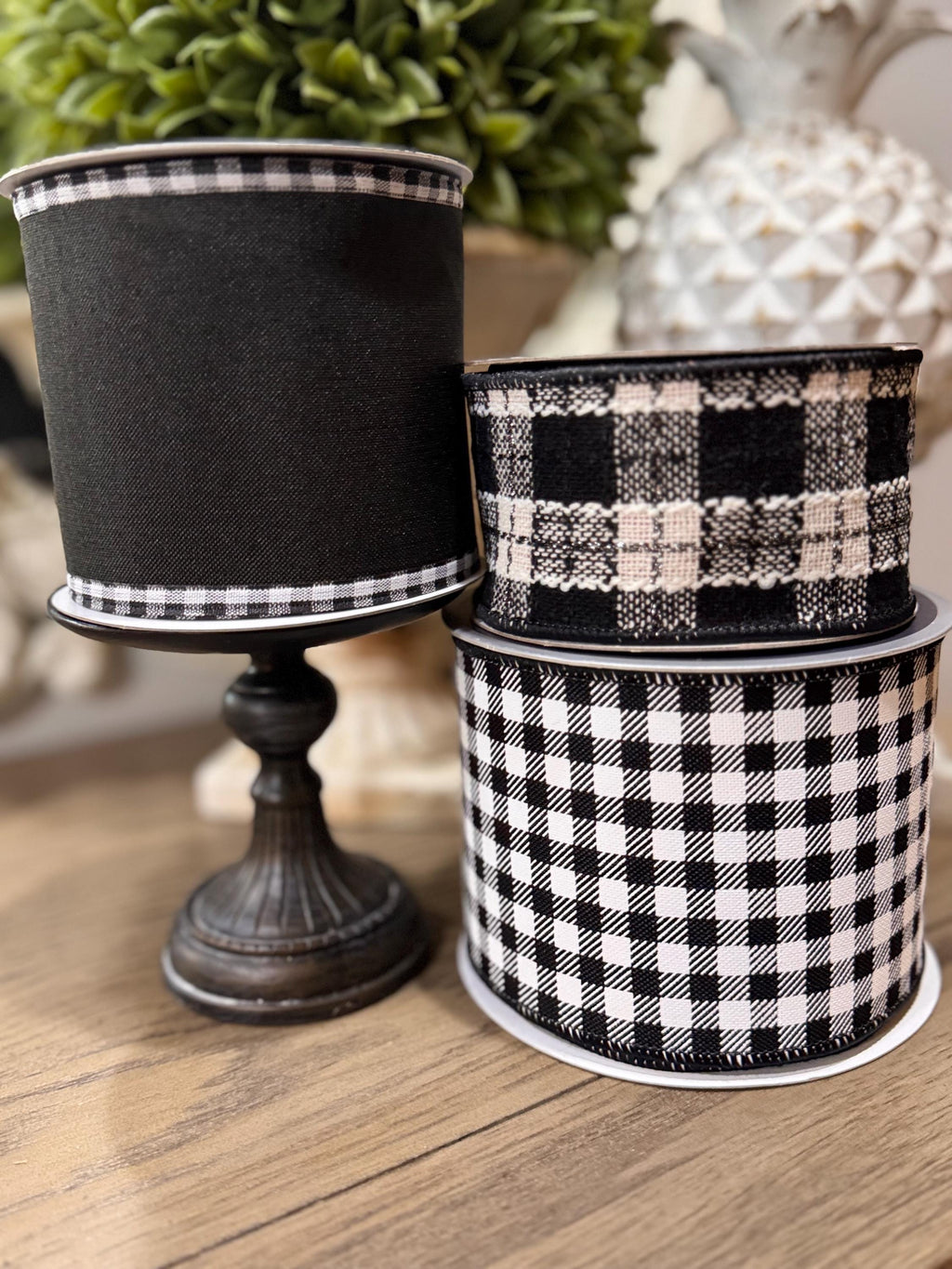 Preppy plaid black and white ribbon with red backing
