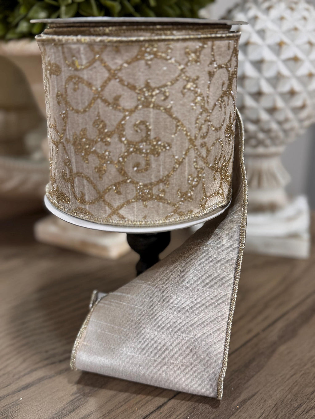Farrisilk Gold CASSIA ACANTHUS 4” x 10 yard Ribbon Gold Ribbon, Neutral Christmas Ribbon, Holiday Decorating Ribbon, Luxury Holiday Ribbon