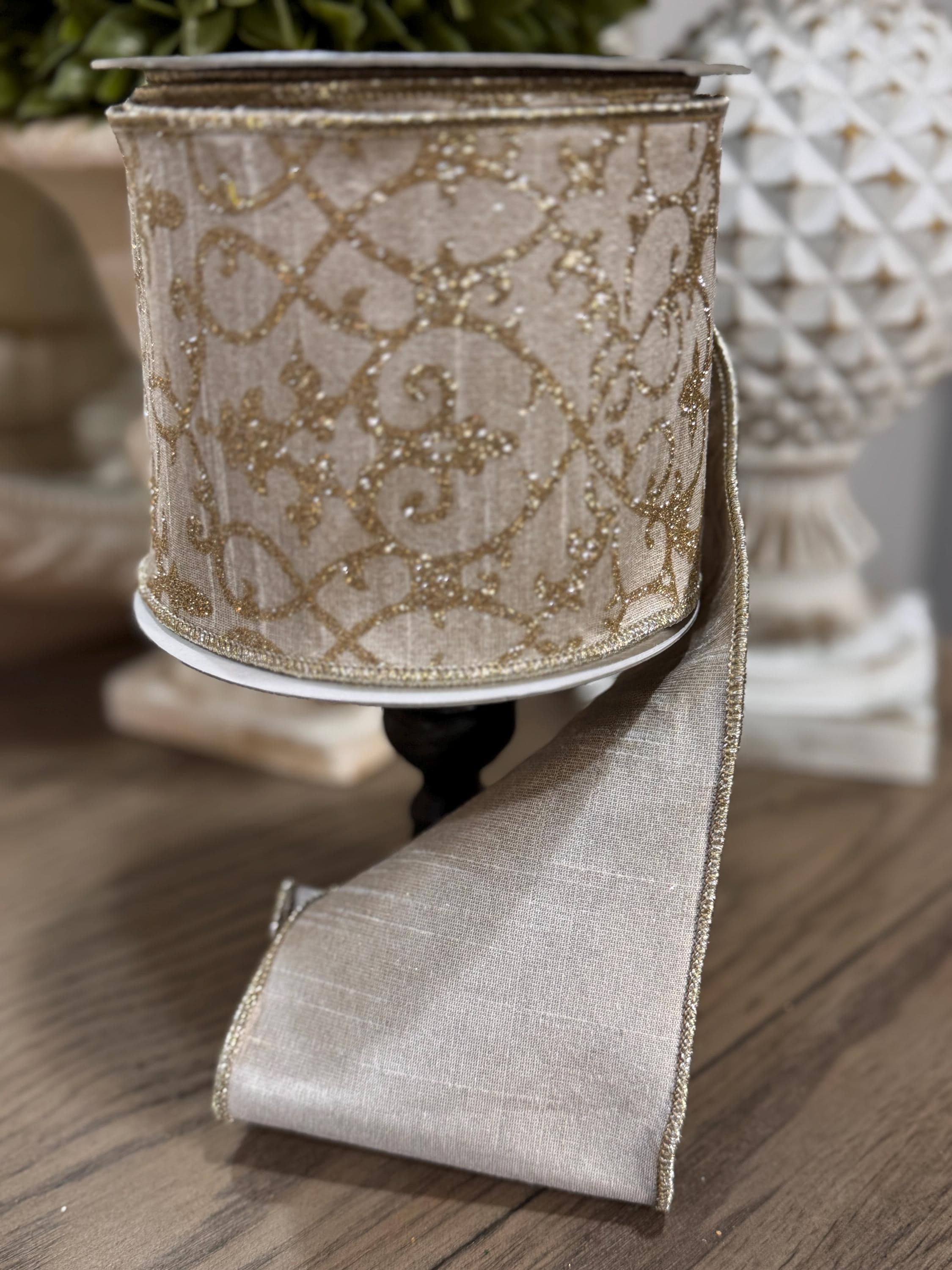 Farrisilk Gold CASSIA ACANTHUS 4” x 10 yard Ribbon Gold Ribbon, Neutral Christmas Ribbon, Holiday Decorating Ribbon, Luxury Holiday Ribbon