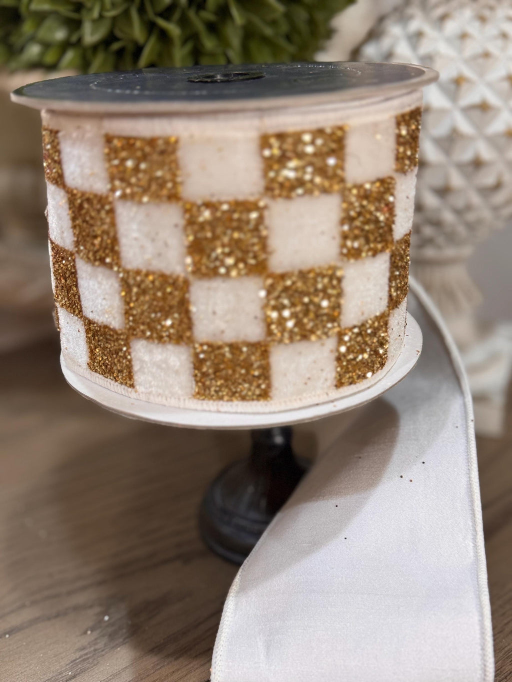 Farrisilk Chunky Checks Luxury Cream & Gold 4” x 5 yard Ribbon, Ivory and Gold Ribbon, Neutral Christmas Ribbon, Holiday Decorating Ribbon