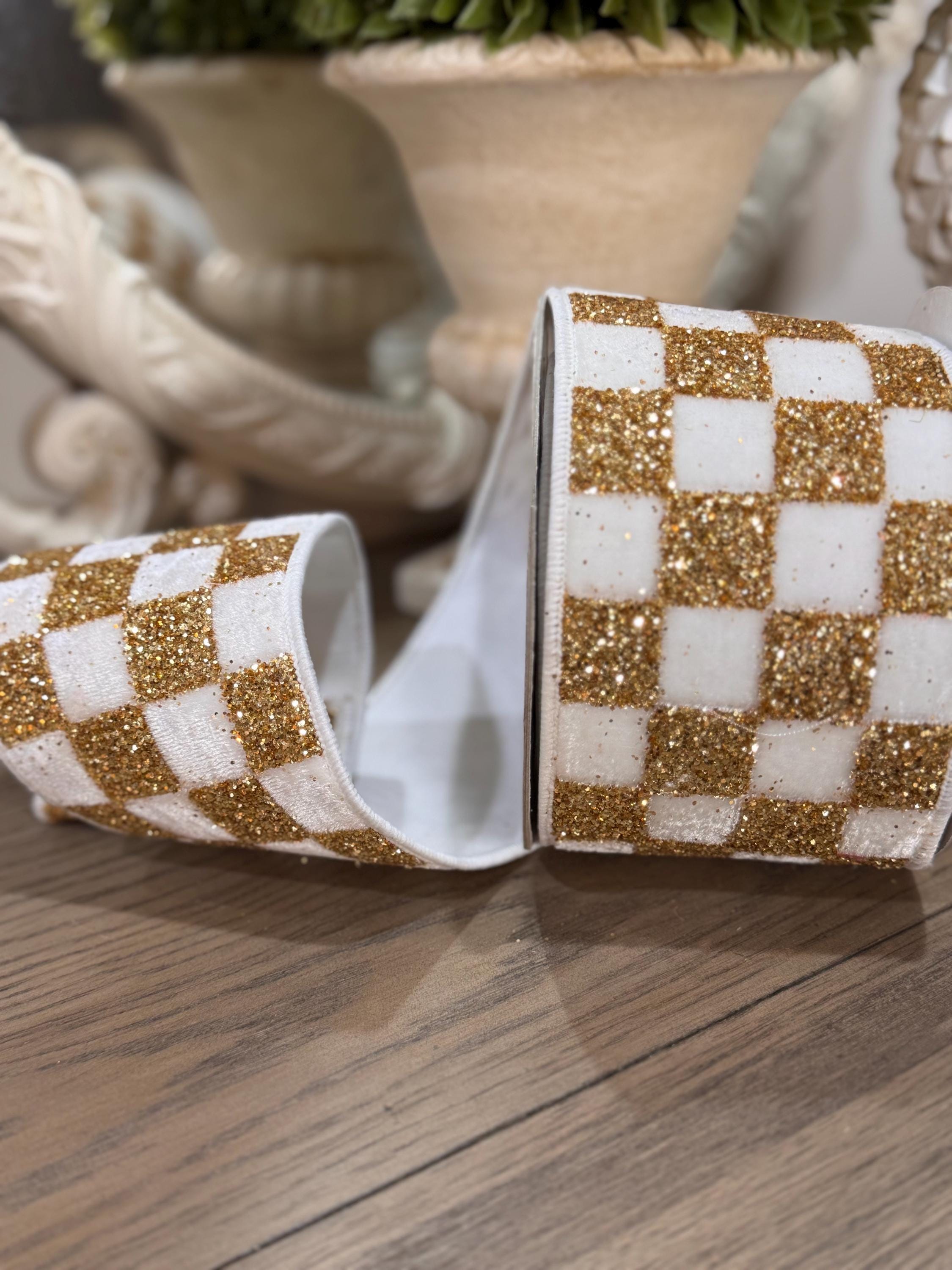 Farrisilk Chunky Checks Luxury Cream & Gold 4” x 5 yard Ribbon, Ivory and Gold Ribbon, Neutral Christmas Ribbon, Holiday Decorating Ribbon