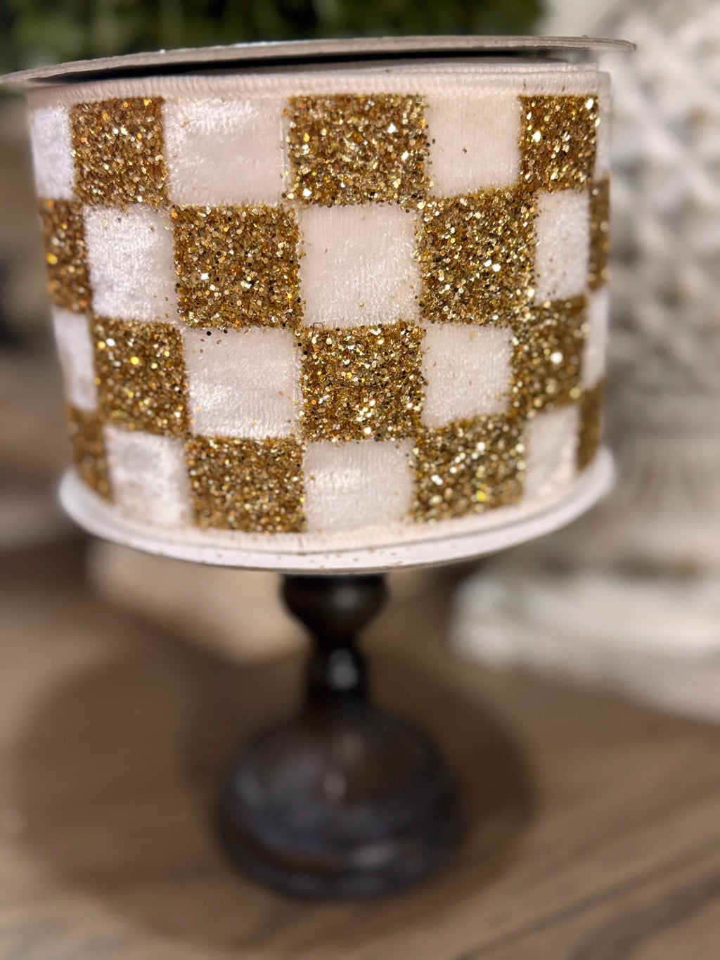Farrisilk Chunky Checks Luxury Cream & Gold 4” x 5 yard Ribbon, Ivory and Gold Ribbon, Neutral Christmas Ribbon, Holiday Decorating Ribbon
