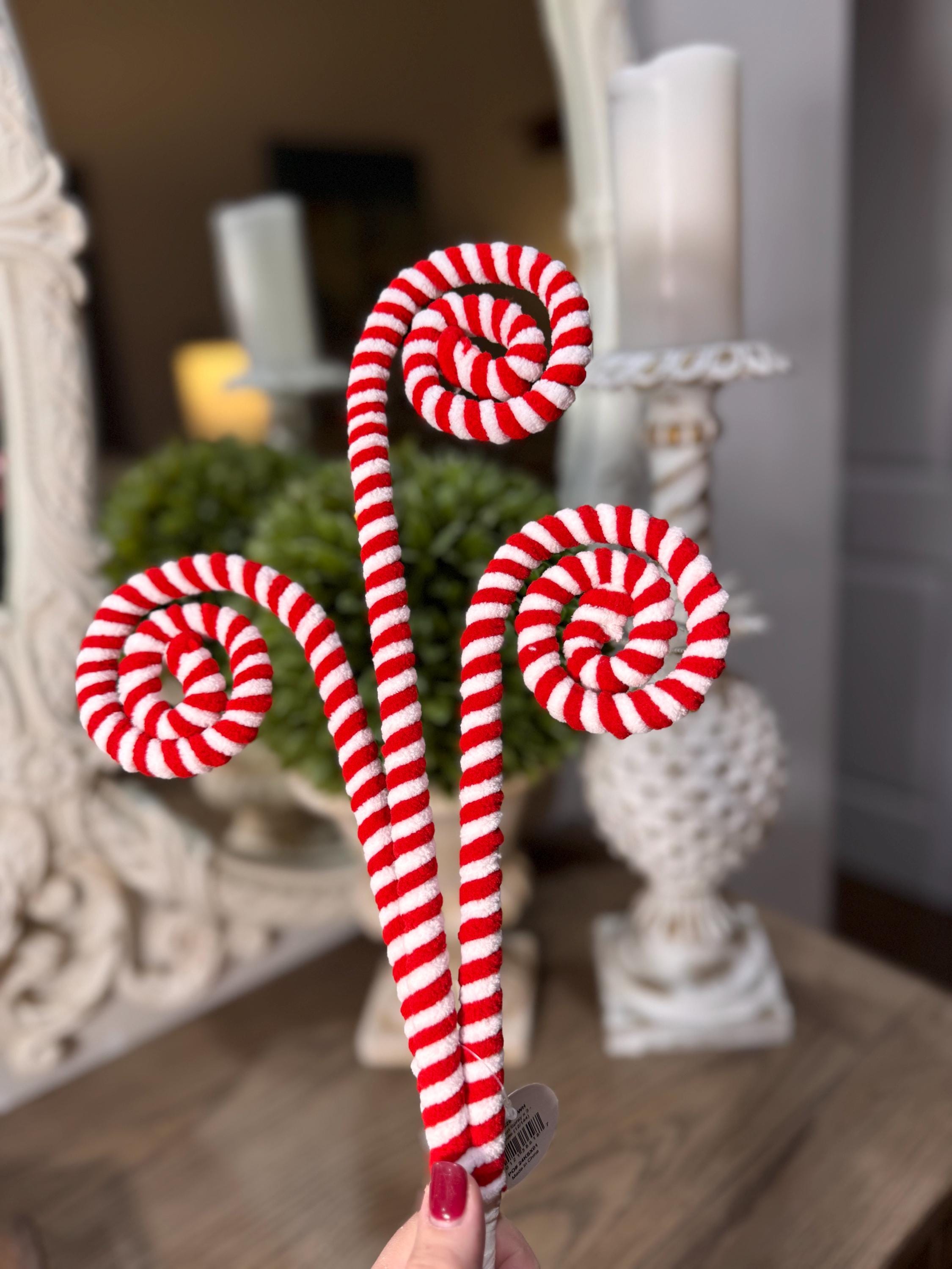 Peppermint Chenille Curly Spray, Red/White 27”, Christmas Sprays, Christmas Tree Decorations, Wreath Attachments, Red and White Spray