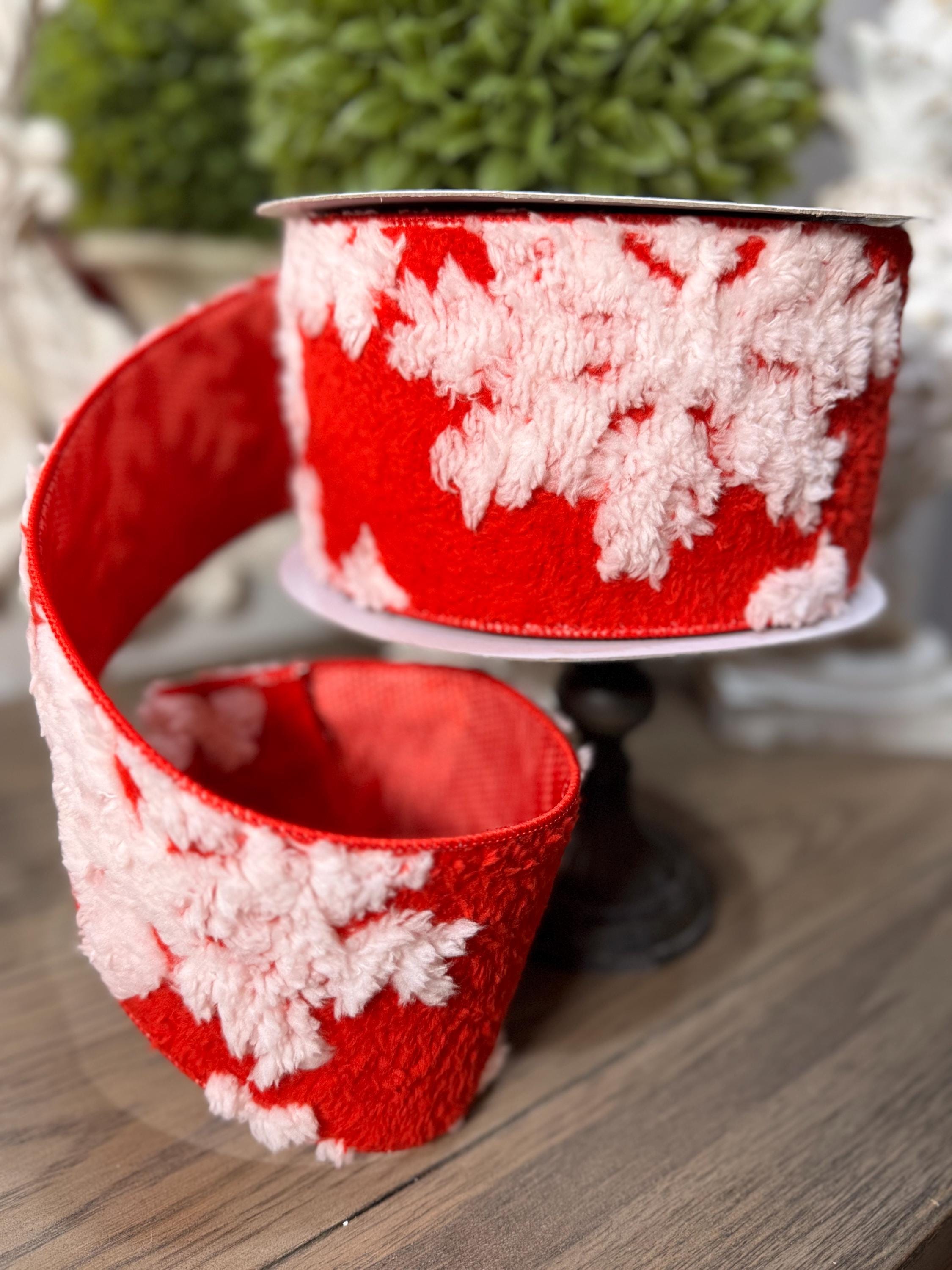 Fuzzy Snowflake Red White Wired 4” Ribbon, Luxury Ribbon, Christmas Ribbon, Premium Holiday Ribbon, 10 Yard Ribbon, Christmas Ribbon Wired
