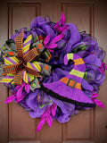 Witch Hat Halloween Wreath, Whimsical Witch Theme, Purple and Black Halloween Wreath, Spooky Door Decor, Witch Wreath Decor, Large Halloween