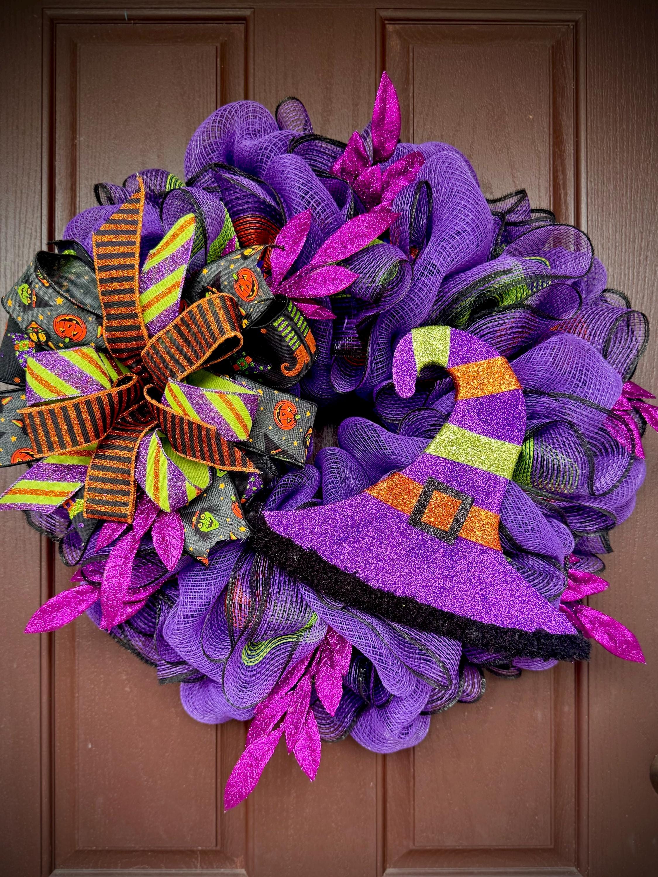 Witch Hat Halloween Wreath, Whimsical Witch Theme, Purple and Black Halloween Wreath, Spooky Door Decor, Witch Wreath Decor, Large Halloween