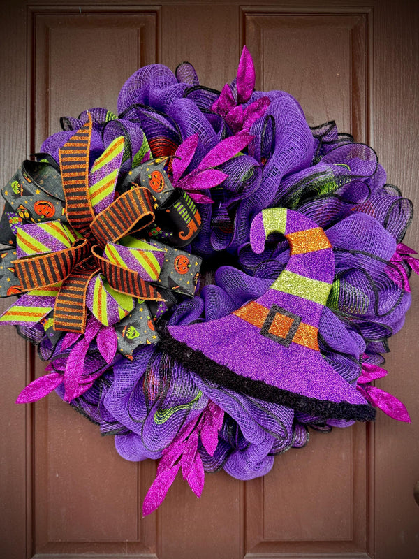 Witch Hat Halloween Wreath, Whimsical Witch Theme, Purple and Black Halloween Wreath, Spooky Door Decor, Witch Wreath Decor, Large Halloween