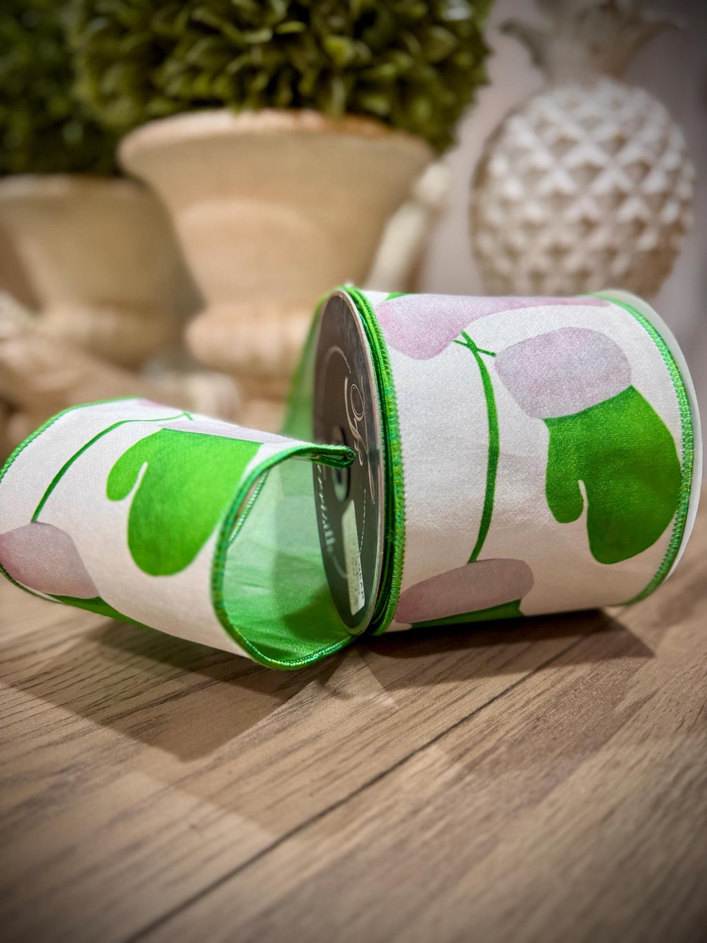 Farrisilk Grinch Gear 4” x 10 Yard Ribbon, Wired Christmas Ribbon, Designer Holiday Ribbon, Geeen and White Christmas Ribbon, Green Monster