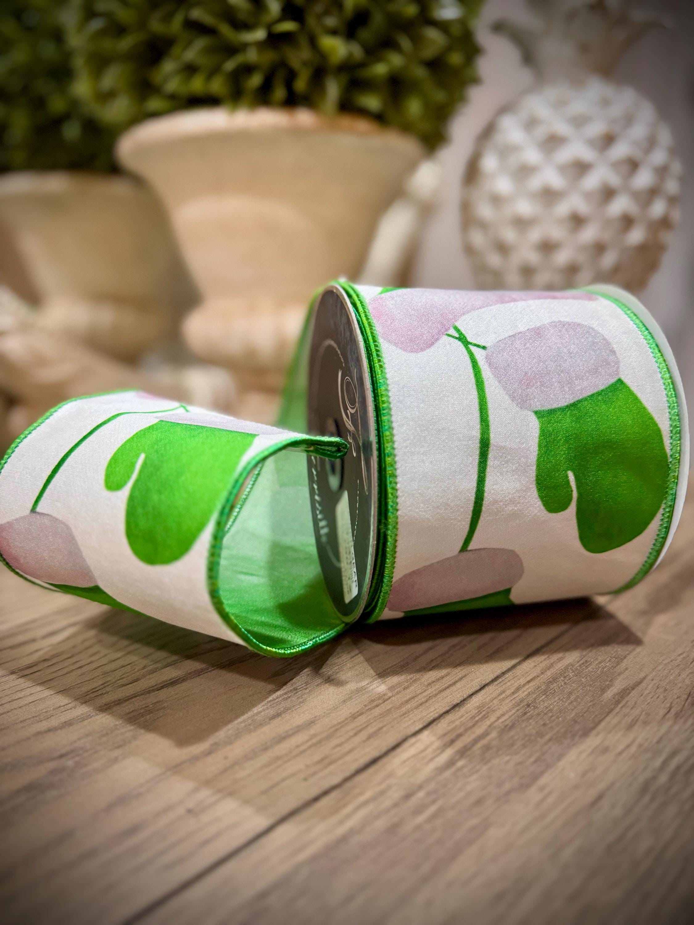 Farrisilk Grinch Gear 4” x 10 Yard Ribbon, Wired Christmas Ribbon, Designer Holiday Ribbon, Geeen and White Christmas Ribbon, Green Monster