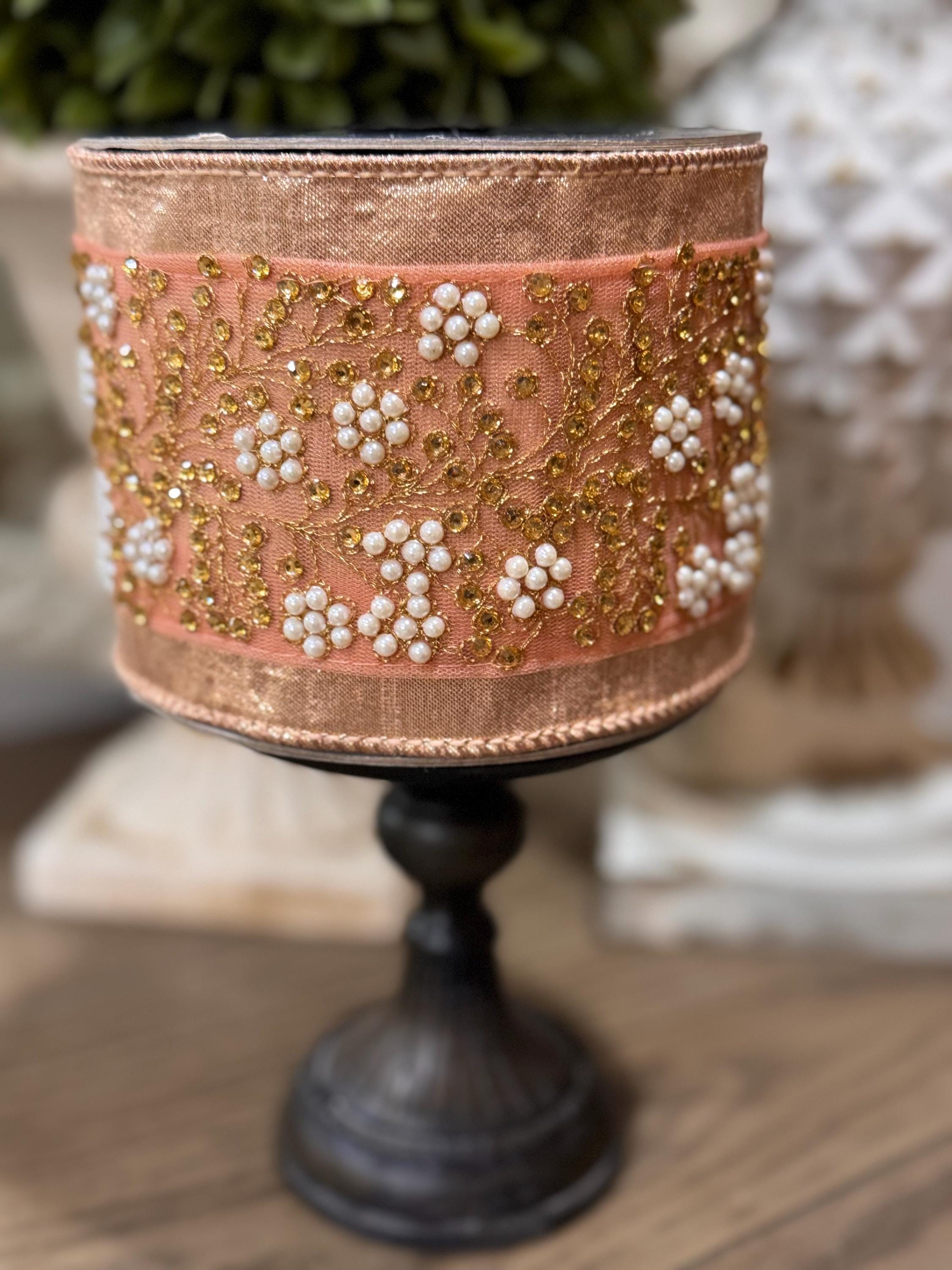 Farrisilk Edwardian Vine Rose Gold Ribbon 4” x 5 yard, Designer Christmas Ribbon, Holiday Ribbon, Luxury Holiday Ribbon, Wired Ribbon