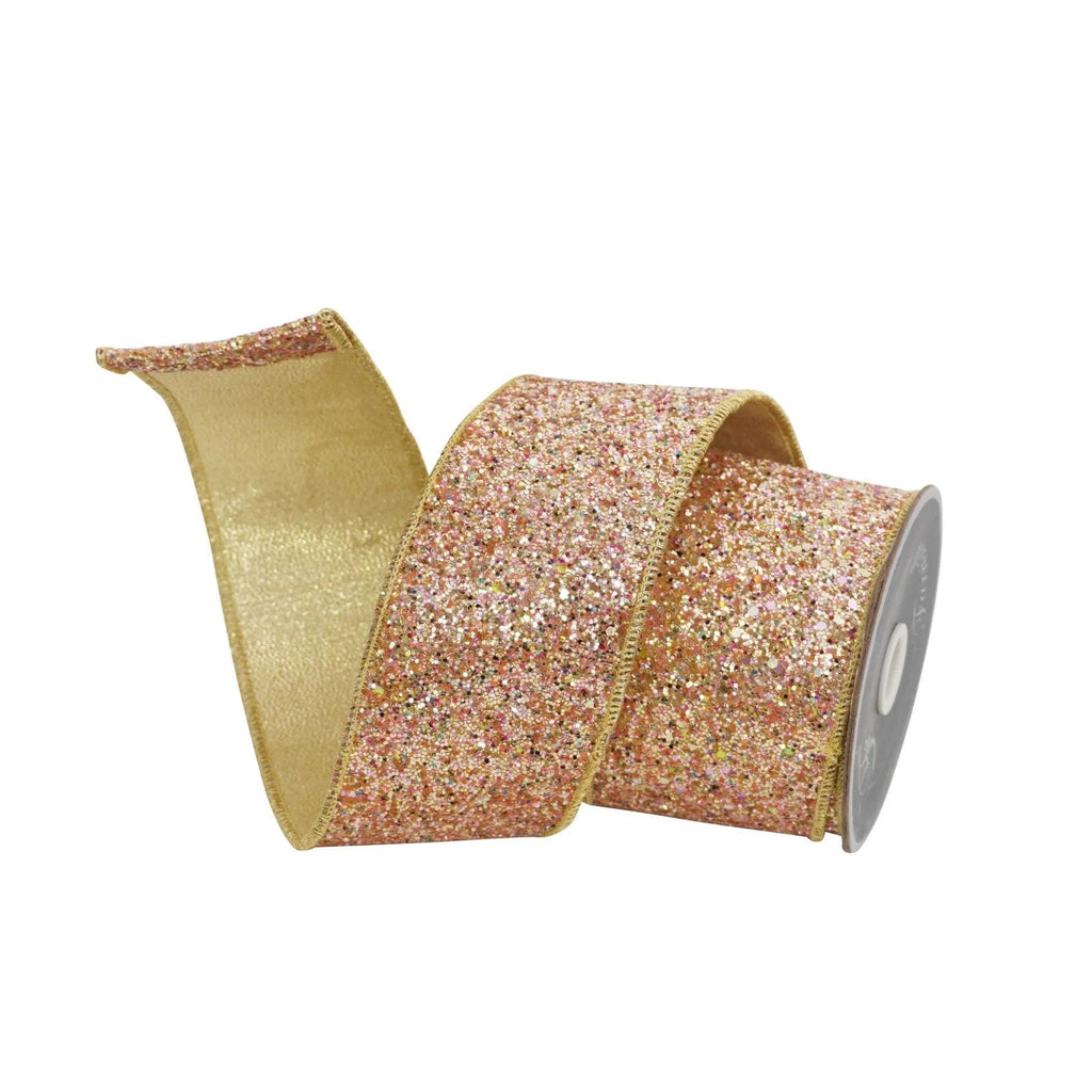 Farrisilk Candy Glitter PinkGold 2.5” x 10 yard Ribbon, Glittering Christmas Ribbon, Holiday Decorating Ribbon, Luxury Holiday