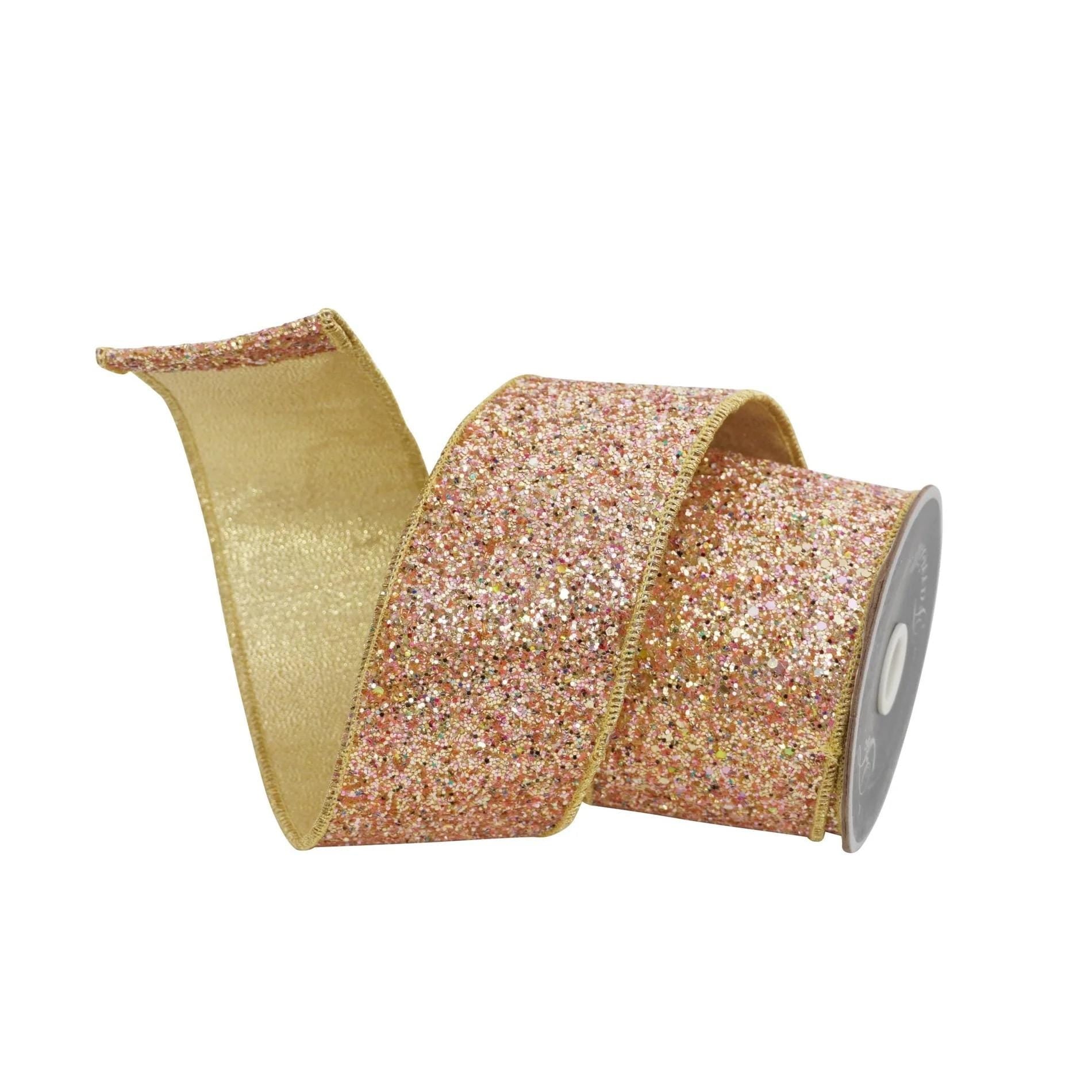 Farrisilk Candy Glitter PinkGold 2.5” x 10 yard Ribbon, Glittering Christmas Ribbon, Holiday Decorating Ribbon, Luxury Holiday
