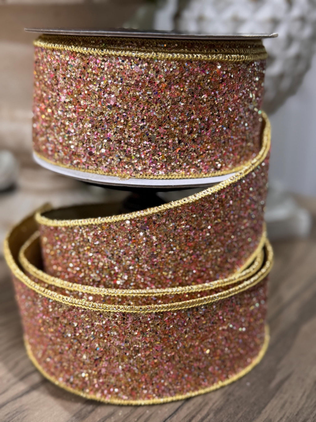 Farrisilk Candy Glitter PinkGold 2.5” x 10 yard Ribbon, Glittering Christmas Ribbon, Holiday Decorating Ribbon, Luxury Holiday