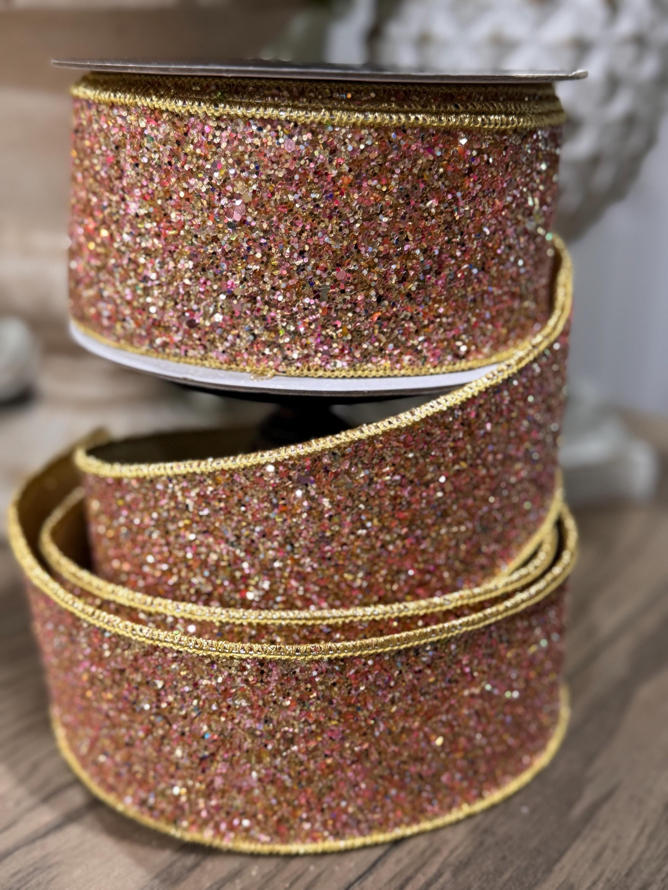 Farrisilk Candy Glitter PinkGold 2.5” x 10 yard Ribbon, Glittering Christmas Ribbon, Holiday Decorating Ribbon, Luxury Holiday