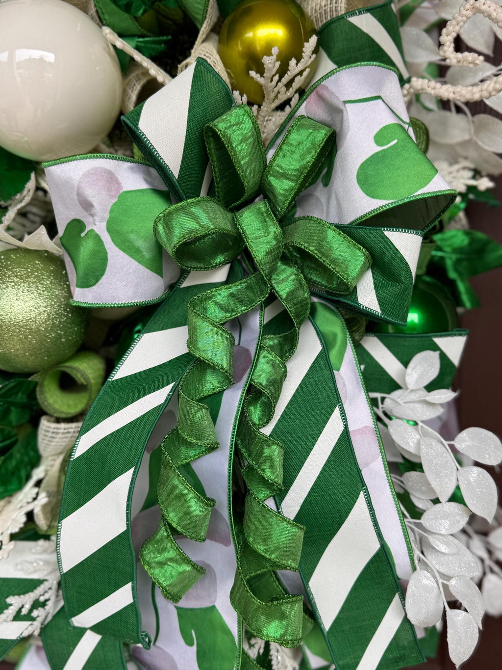 Festive Green and White Wreath, Elegant Holiday Door Decor, Farrisilk Ribbon Wreath, Green White Decor, Designer Wreath, St Patricks Day
