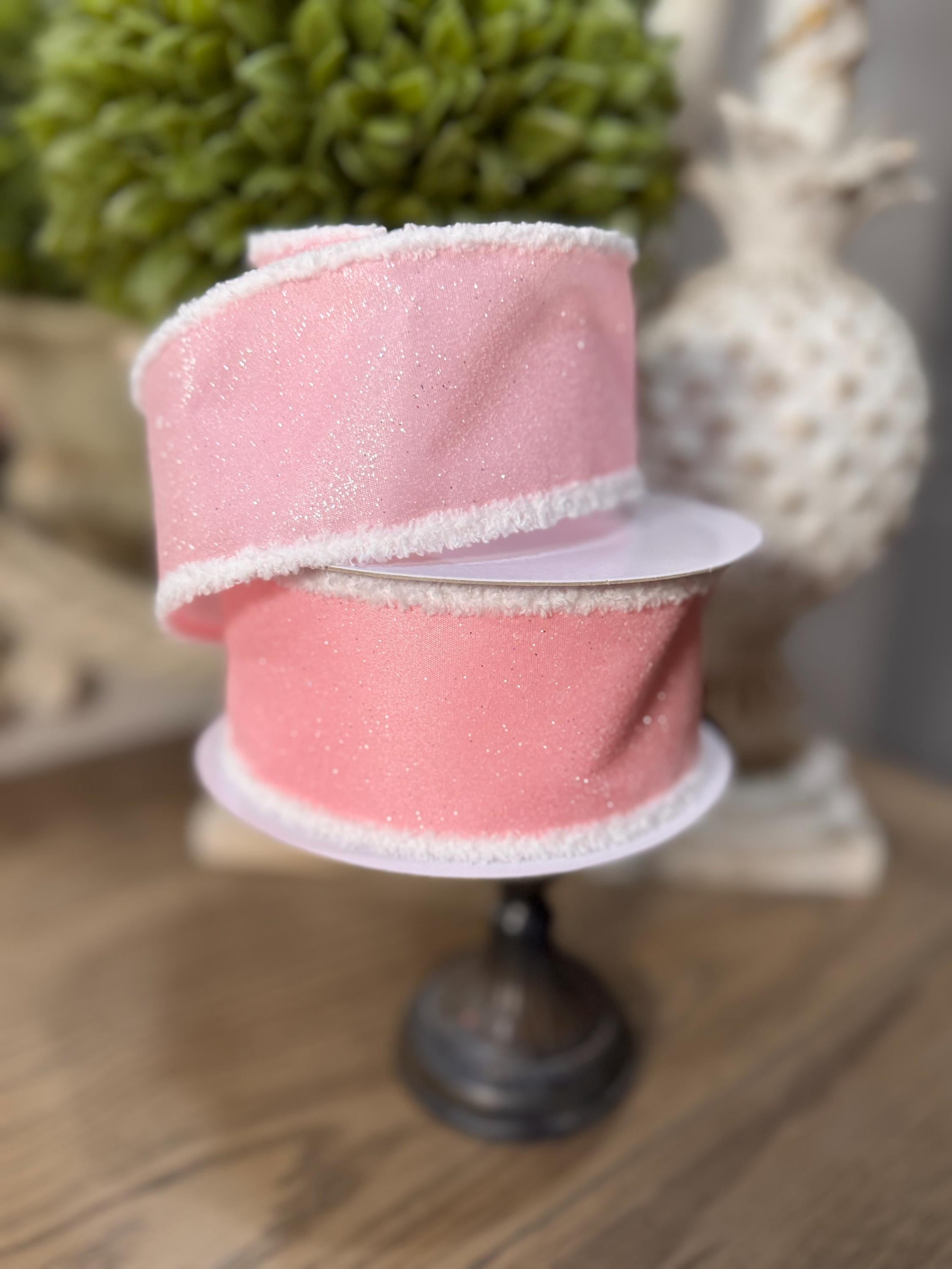 Candy Glitter Pink 2.5” Ribbon with Chenille Edge Wired, Luxury Ribbon, Christmas Ribbon, Holiday Ribbon, 10 Yard Ribbon, Christmas Ribbon