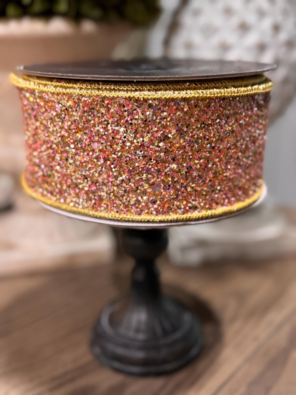 Farrisilk Candy Glitter PinkGold 2.5” x 10 yard Ribbon, Glittering Christmas Ribbon, Holiday Decorating Ribbon, Luxury Holiday