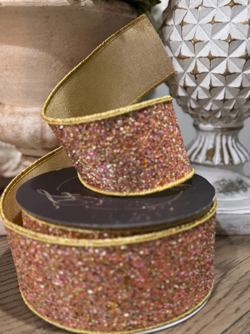 Farrisilk Candy Glitter PinkGold 2.5” x 10 yard Ribbon, Glittering Christmas Ribbon, Holiday Decorating Ribbon, Luxury Holiday