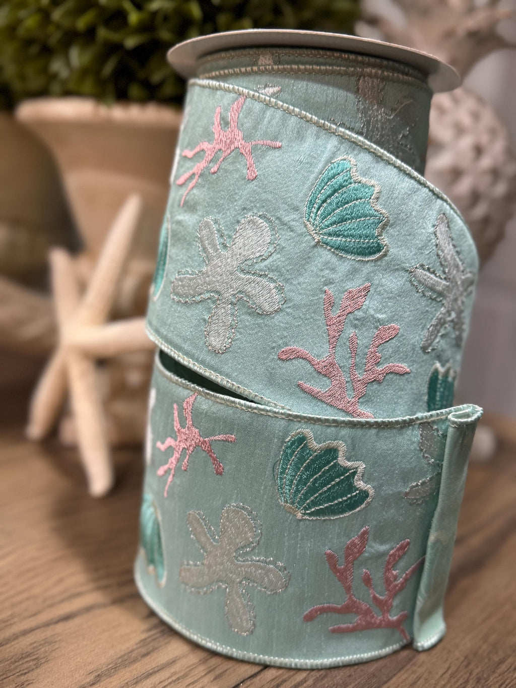 Ocean Scene Embroidered 4” Ribbon, Luxury Ribbon, Christmas Ribbon, Premium Holiday Ribbon, 10 Yard Ribbon, Coastal Christmas Ribbon Wired