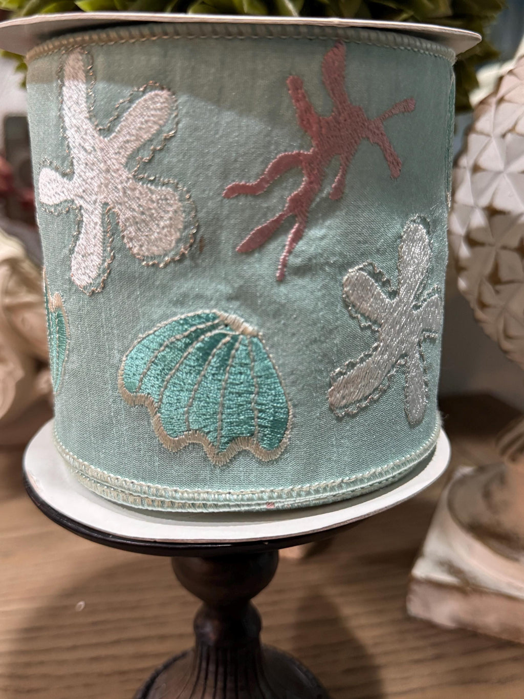 Ocean Scene Embroidered 4” Ribbon, Luxury Ribbon, Christmas Ribbon, Premium Holiday Ribbon, 10 Yard Ribbon, Coastal Christmas Ribbon Wired