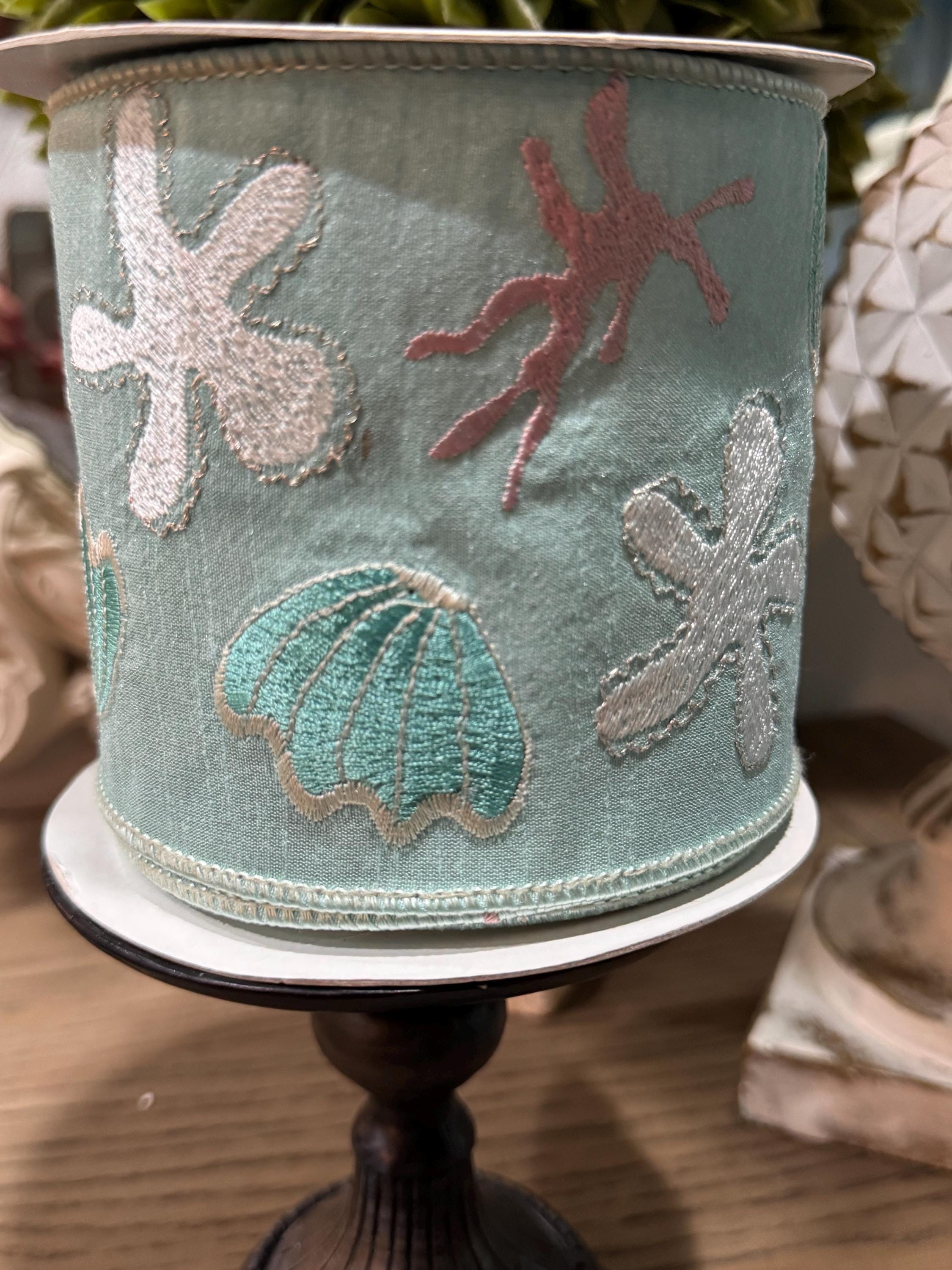 Ocean Scene Embroidered 4” Ribbon, Luxury Ribbon, Christmas Ribbon, Premium Holiday Ribbon, 10 Yard Ribbon, Coastal Christmas Ribbon Wired
