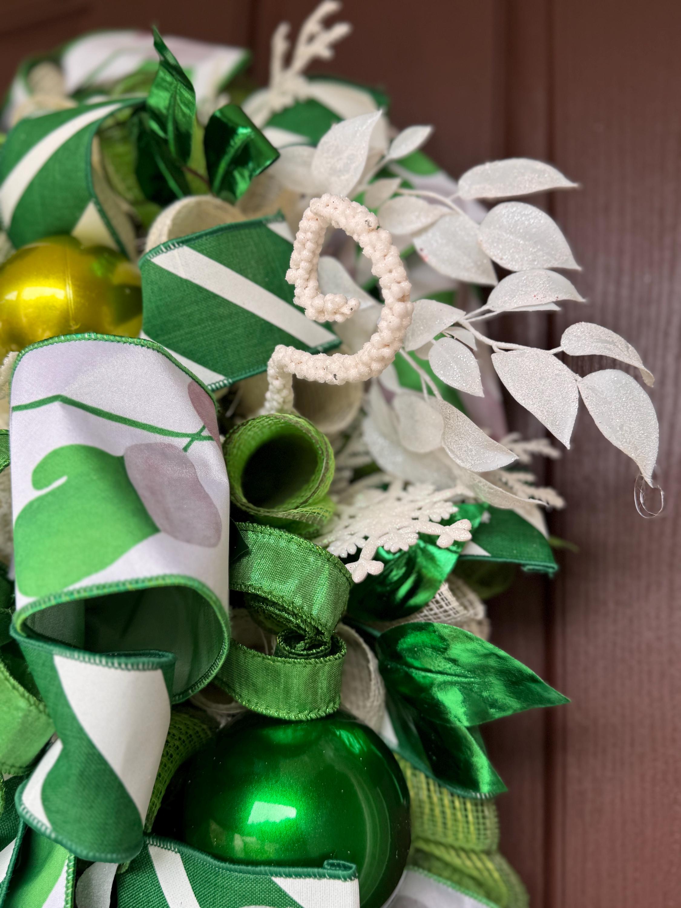 Festive Green and White Wreath, Elegant Holiday Door Decor, Farrisilk Ribbon Wreath, Green White Decor, Designer Wreath, St Patricks Day