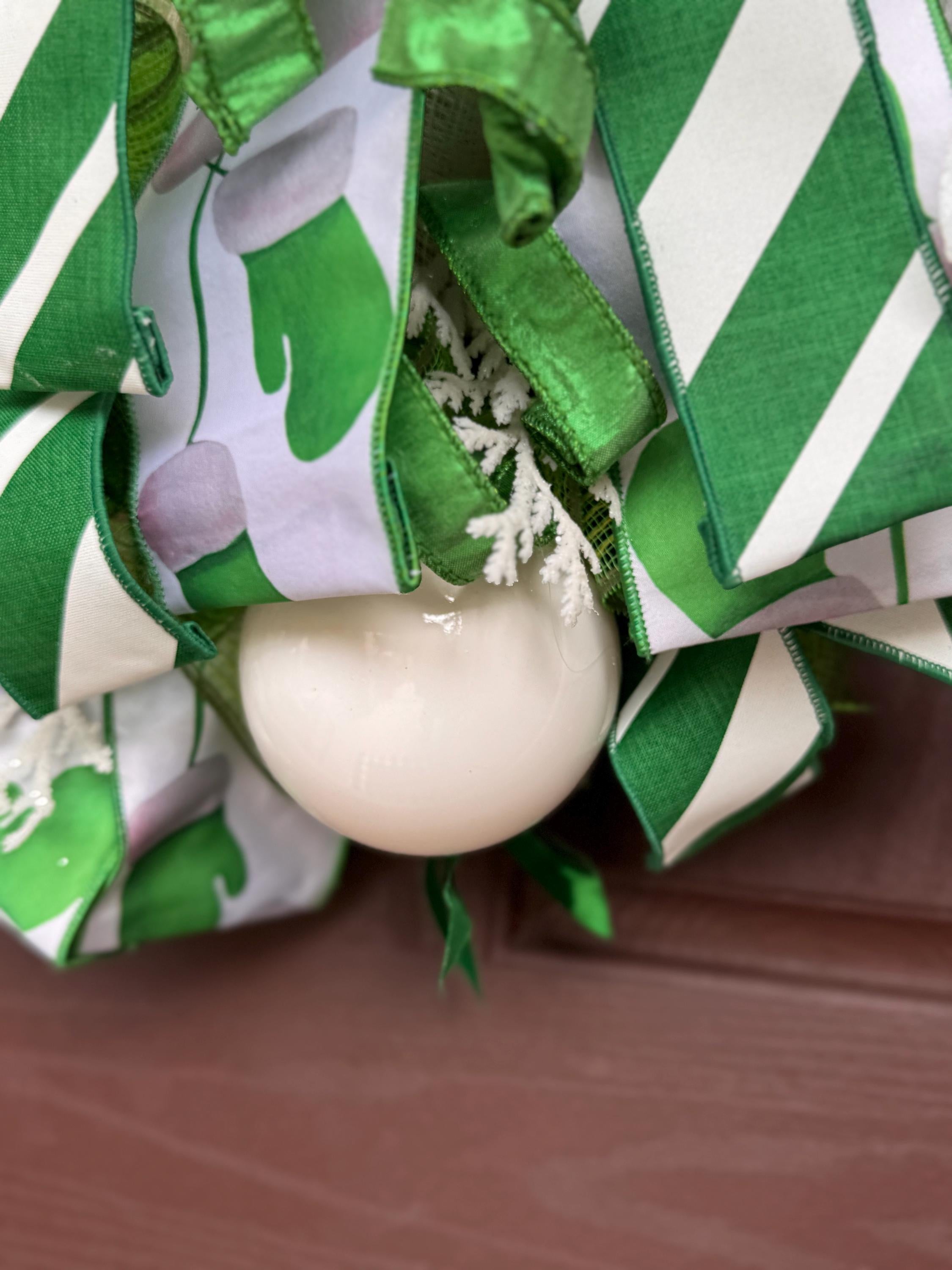 Festive Green and White Wreath, Elegant Holiday Door Decor, Farrisilk Ribbon Wreath, Green White Decor, Designer Wreath, St Patricks Day