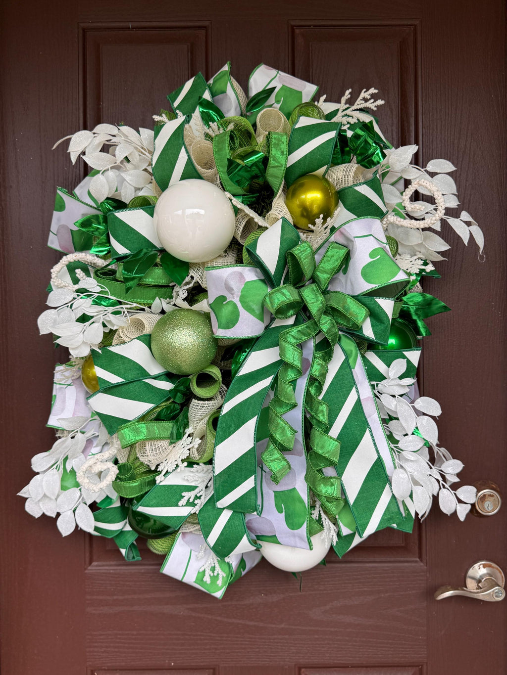 Festive Green and White Wreath, Elegant Holiday Door Decor, Farrisilk Ribbon Wreath, Green White Decor, Designer Wreath, St Patricks Day