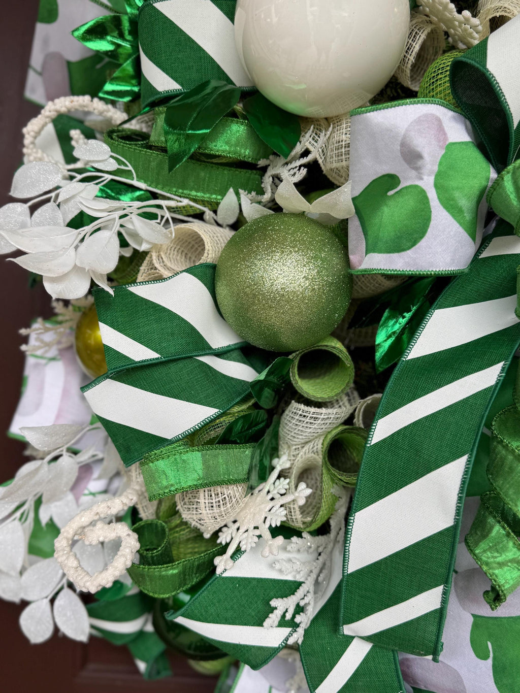 Festive Green and White Wreath, Elegant Holiday Door Decor, Farrisilk Ribbon Wreath, Green White Decor, Designer Wreath, St Patricks Day