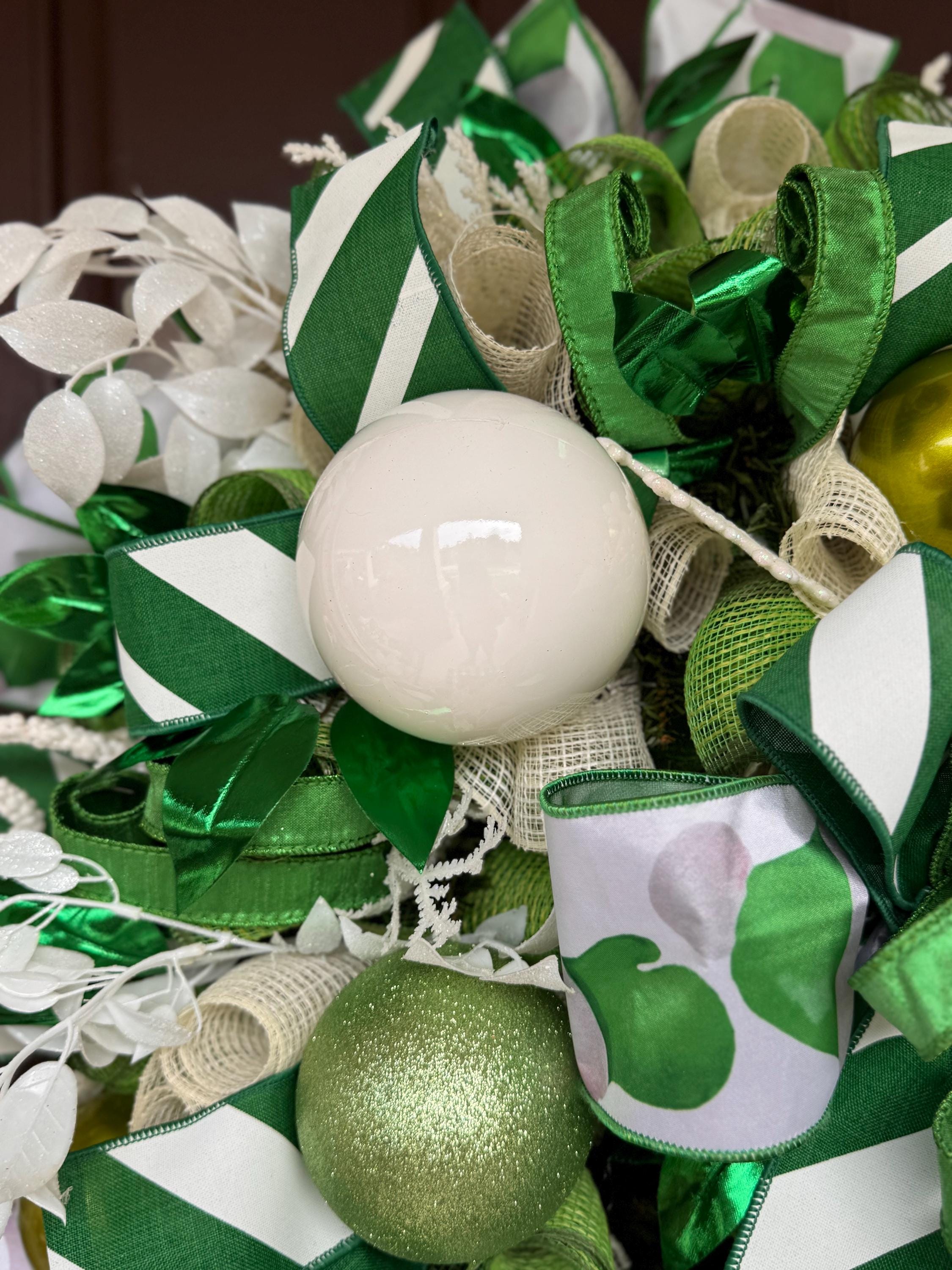 Festive Green and White Wreath, Elegant Holiday Door Decor, Farrisilk Ribbon Wreath, Green White Decor, Designer Wreath, St Patricks Day