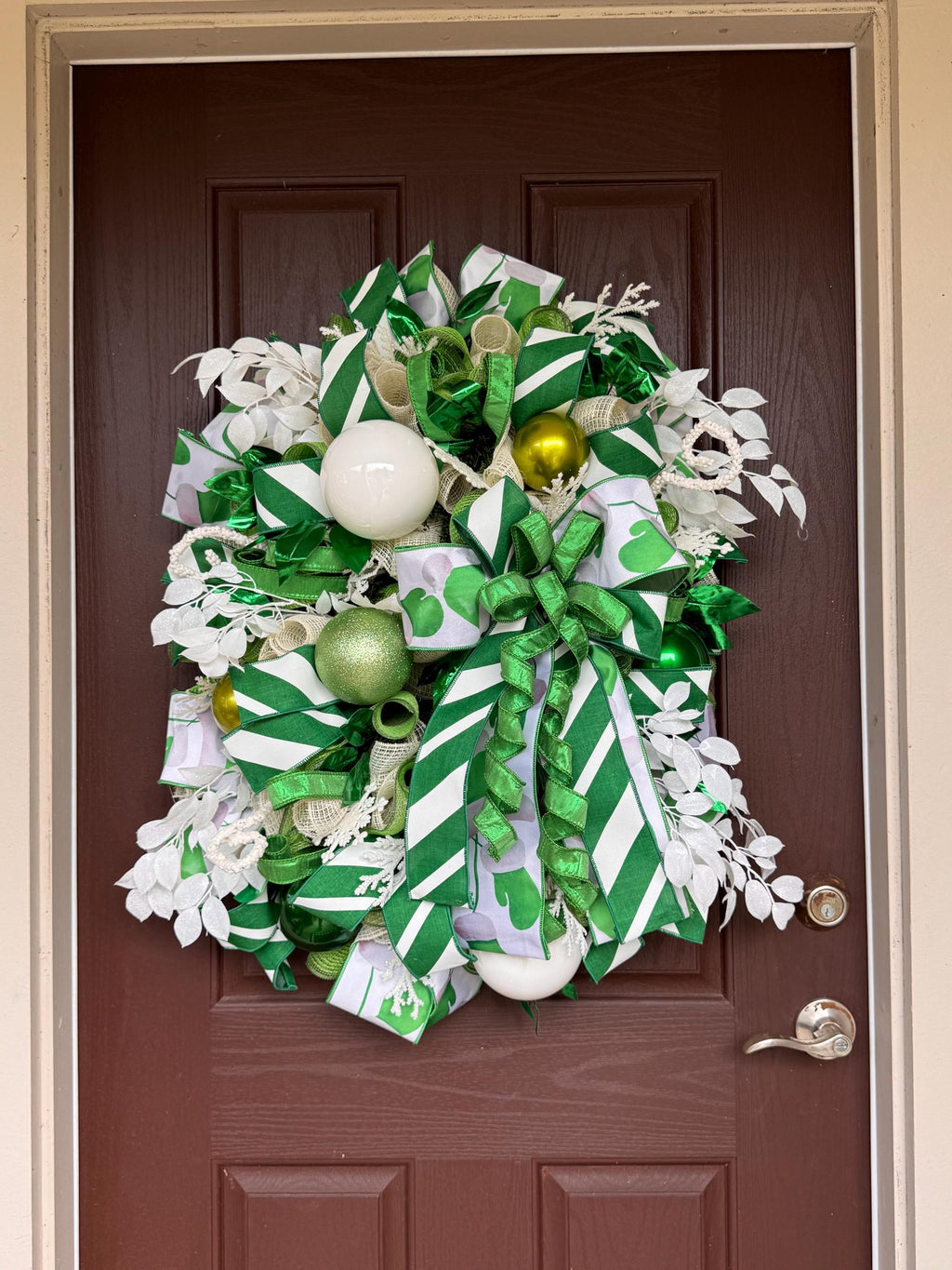 Festive Green and White Wreath, Elegant Holiday Door Decor, Farrisilk Ribbon Wreath, Green White Decor, Designer Wreath, St Patricks Day