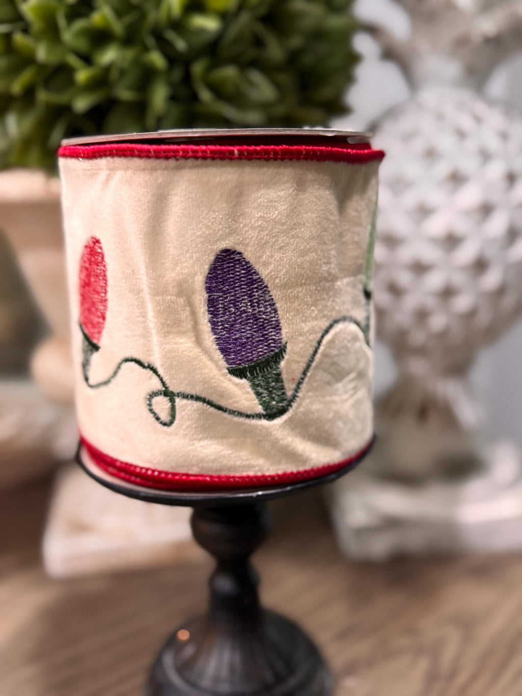 Embroidered Christmas Lights Plush Velvet Ribbon 4” x 5 yards - Deluxe Wired Edge for Holiday Decor, Wreaths, Trees, and Gift Wrapping