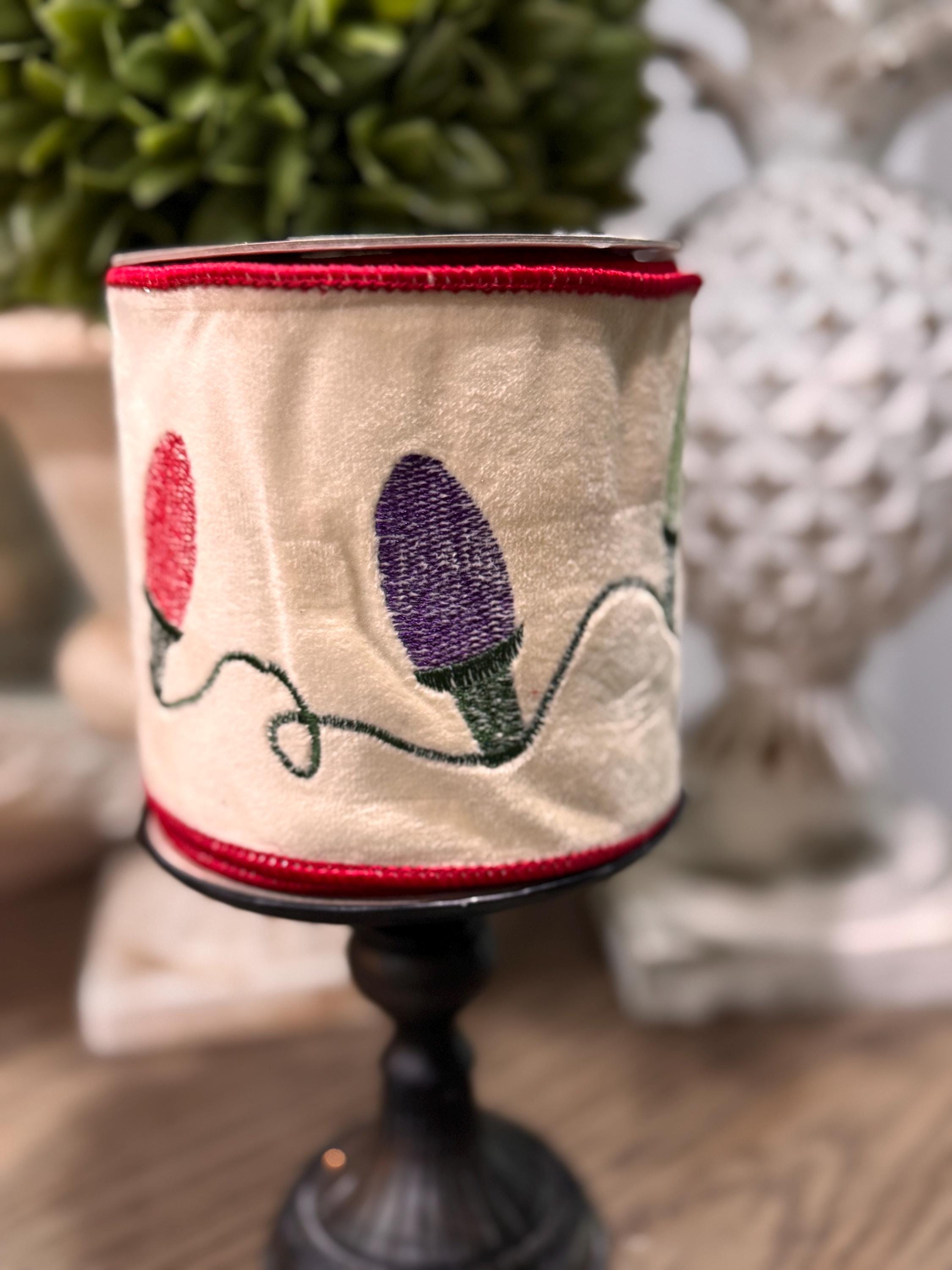 Embroidered Christmas Lights Plush Velvet Ribbon 4” x 5 yards - Deluxe Wired Edge for Holiday Decor, Wreaths, Trees, and Gift Wrapping