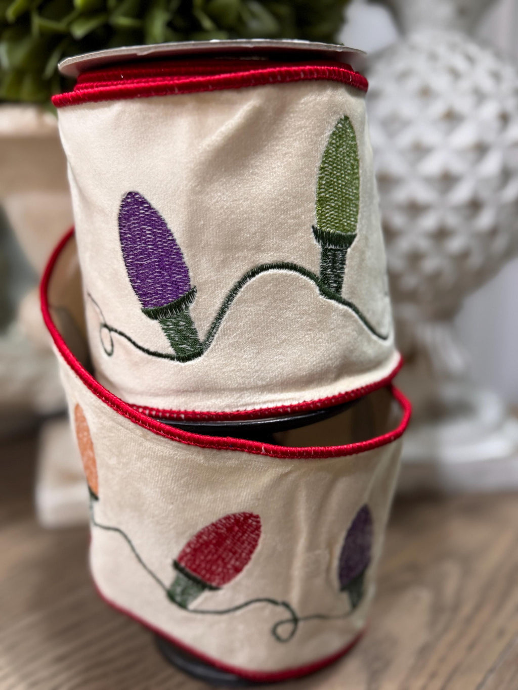Embroidered Christmas Lights Plush Velvet Ribbon 4” x 5 yards - Deluxe Wired Edge for Holiday Decor, Wreaths, Trees, and Gift Wrapping