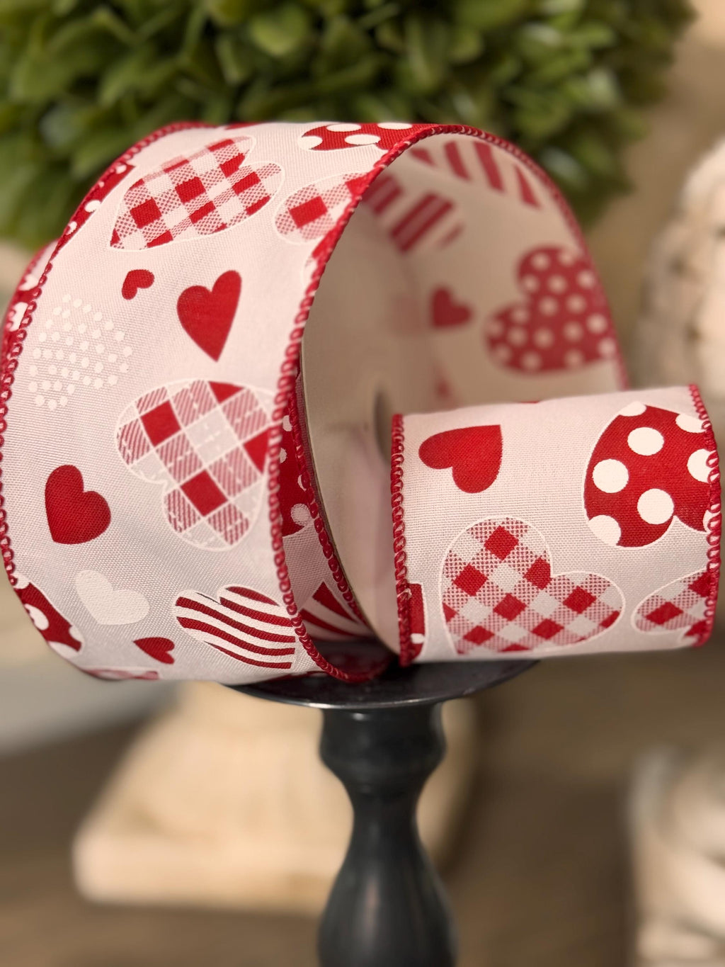 Hearts Designs Galore Wired Edge 2.5” x 10 yards, Red White Ribbon, Red Pink, Designer Valentines Ribbon, Valentines Day Decor, Wired Ribbon